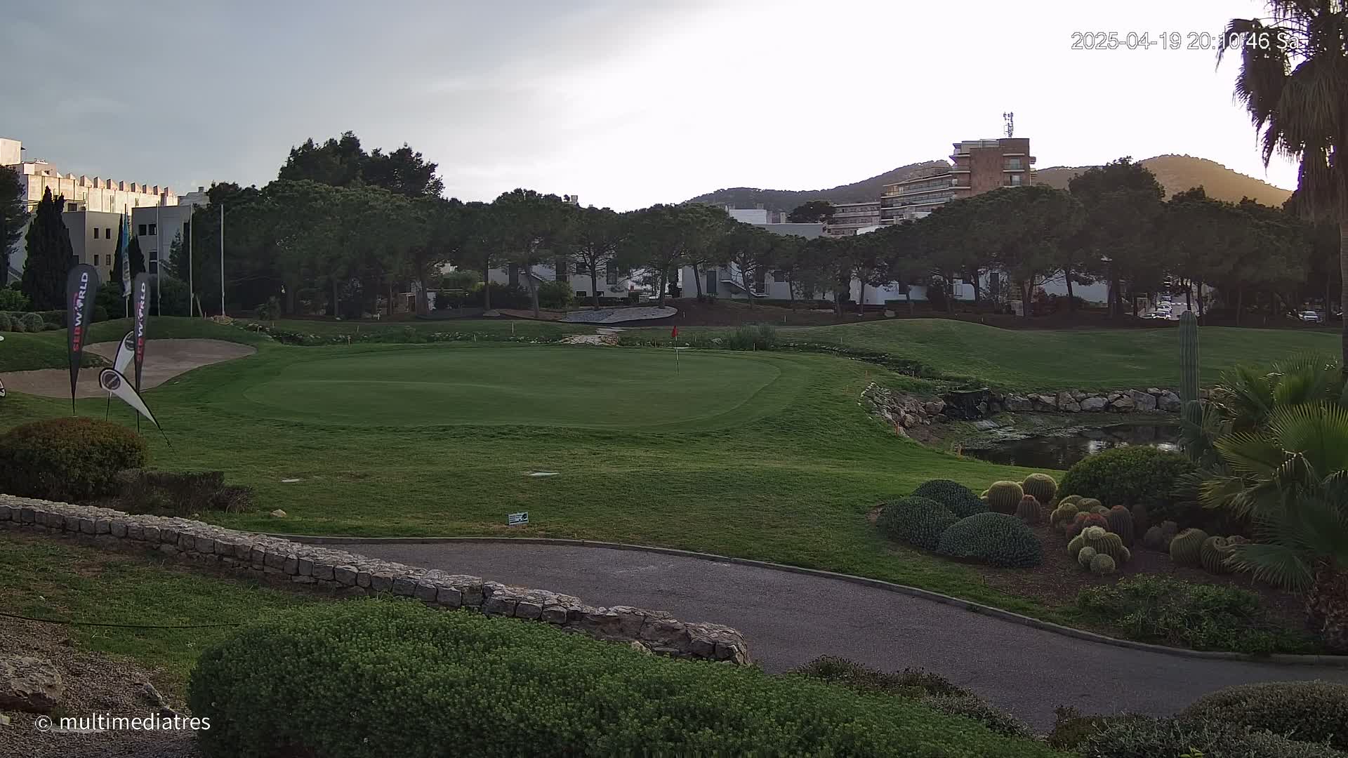 A golf course green, surrounded by trees, buildings, and cacti, under a partly cloudy sky at dusk.