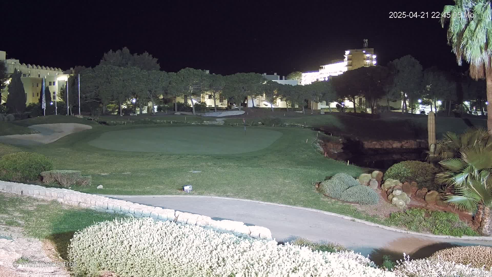 A nighttime view of a golf course putting green, adjacent to a building complex under lights, with desert landscaping and cacti in the foreground.