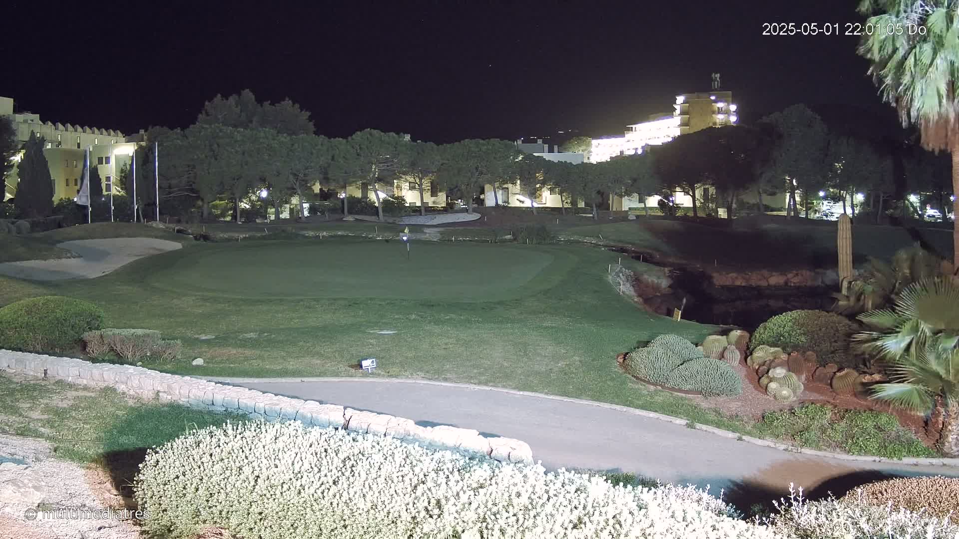 A nighttime view of a golf course putting green, bordered by shrubs and cacti, with a lit-up building complex in the background.