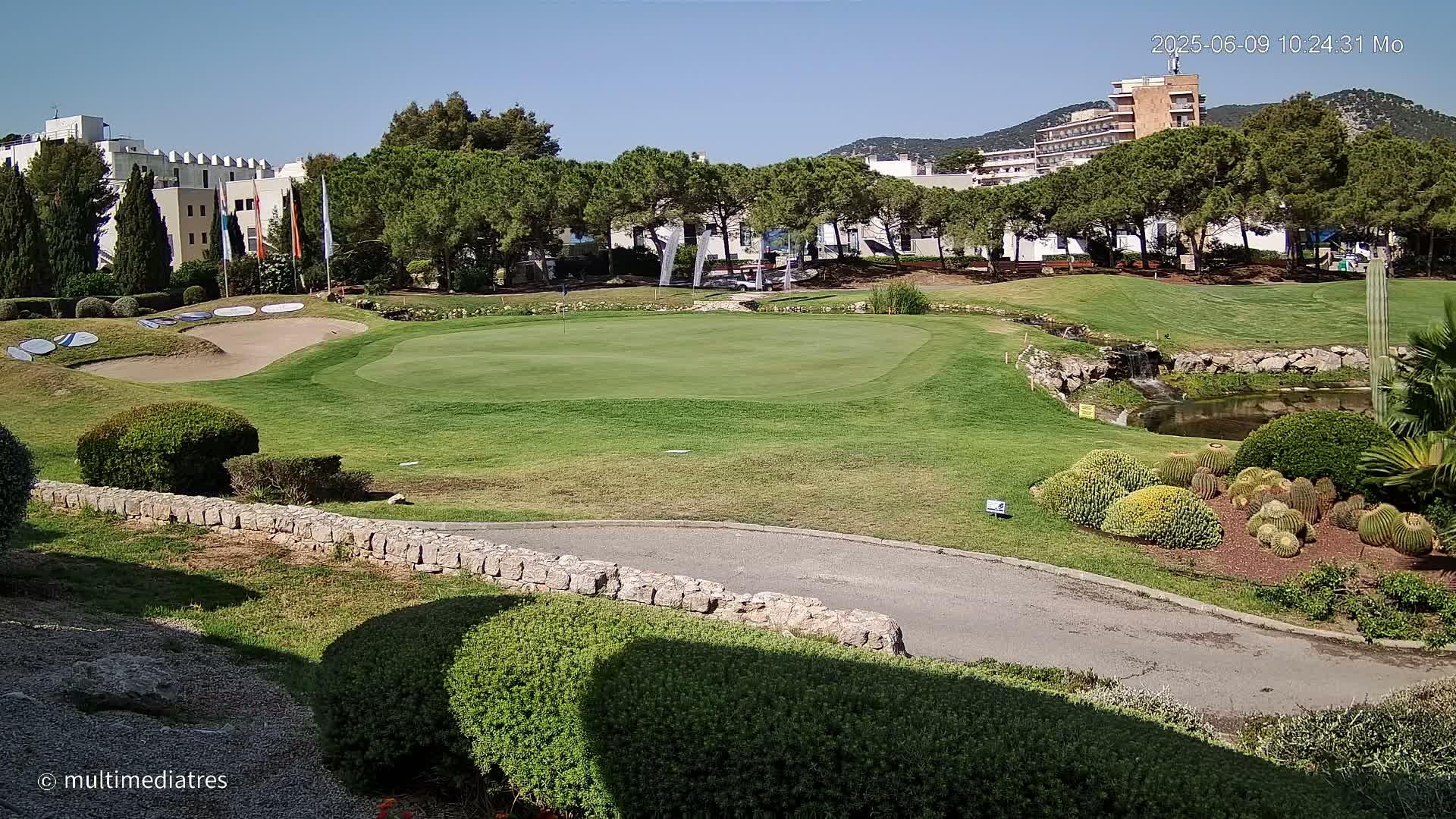 A golf course putting green with sand traps, a small pond, and several cacti, under sunny conditions.