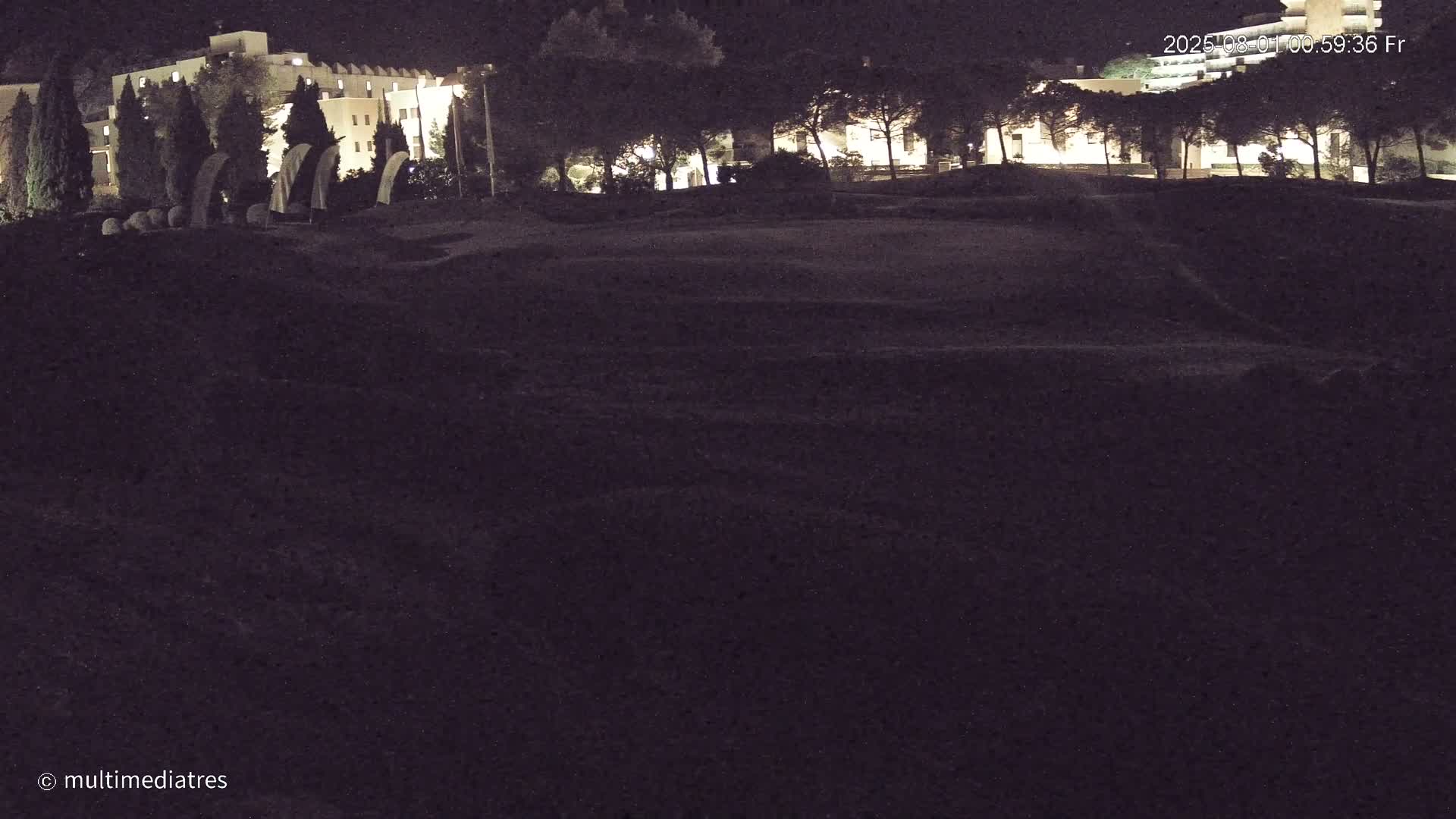 A dark, nighttime scene shows a lighted building behind a line of trees and a mostly empty grassy area in the foreground.
