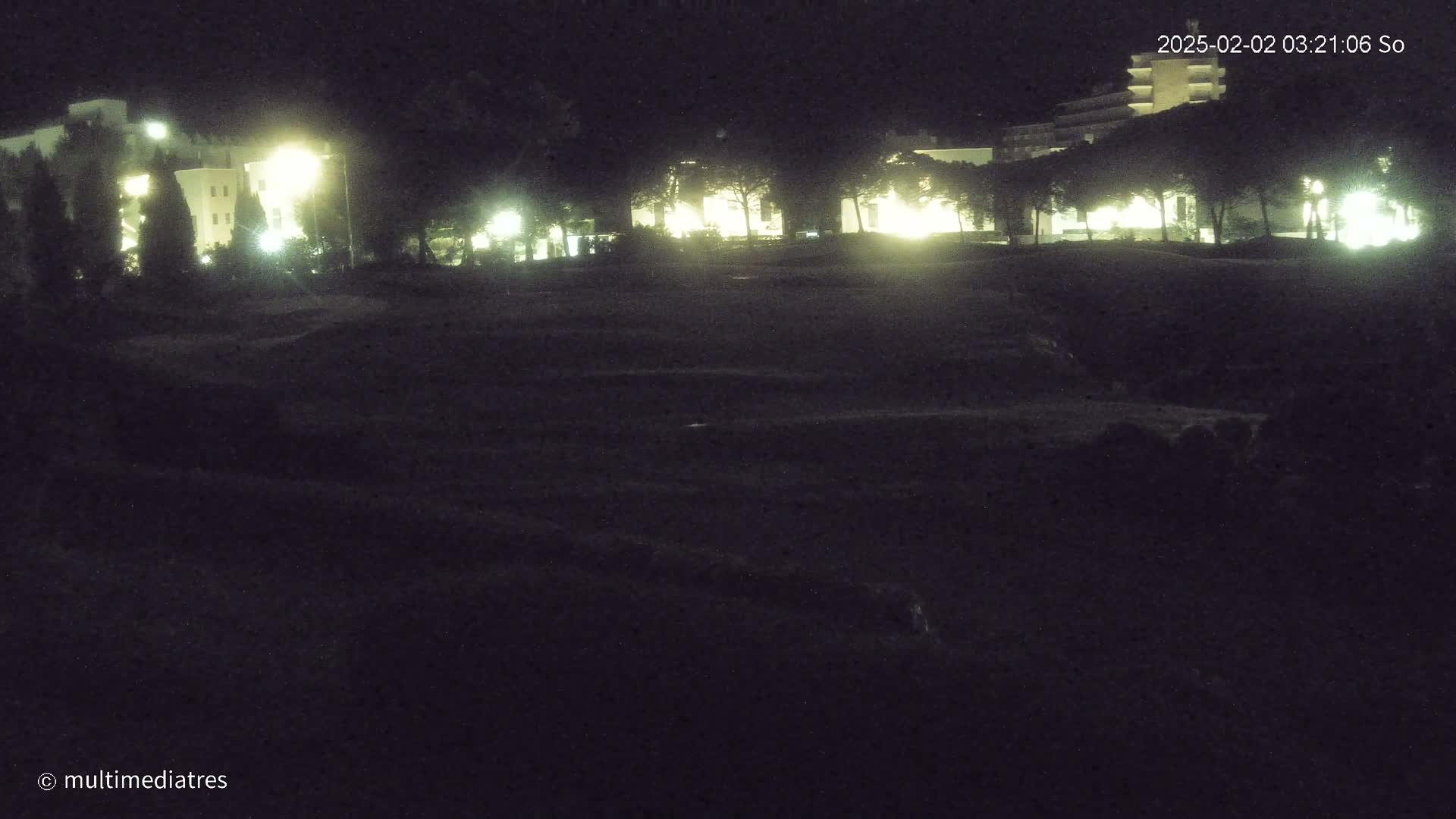 At night, illuminated buildings are partially visible behind dark trees and a shadowed, seemingly empty field.