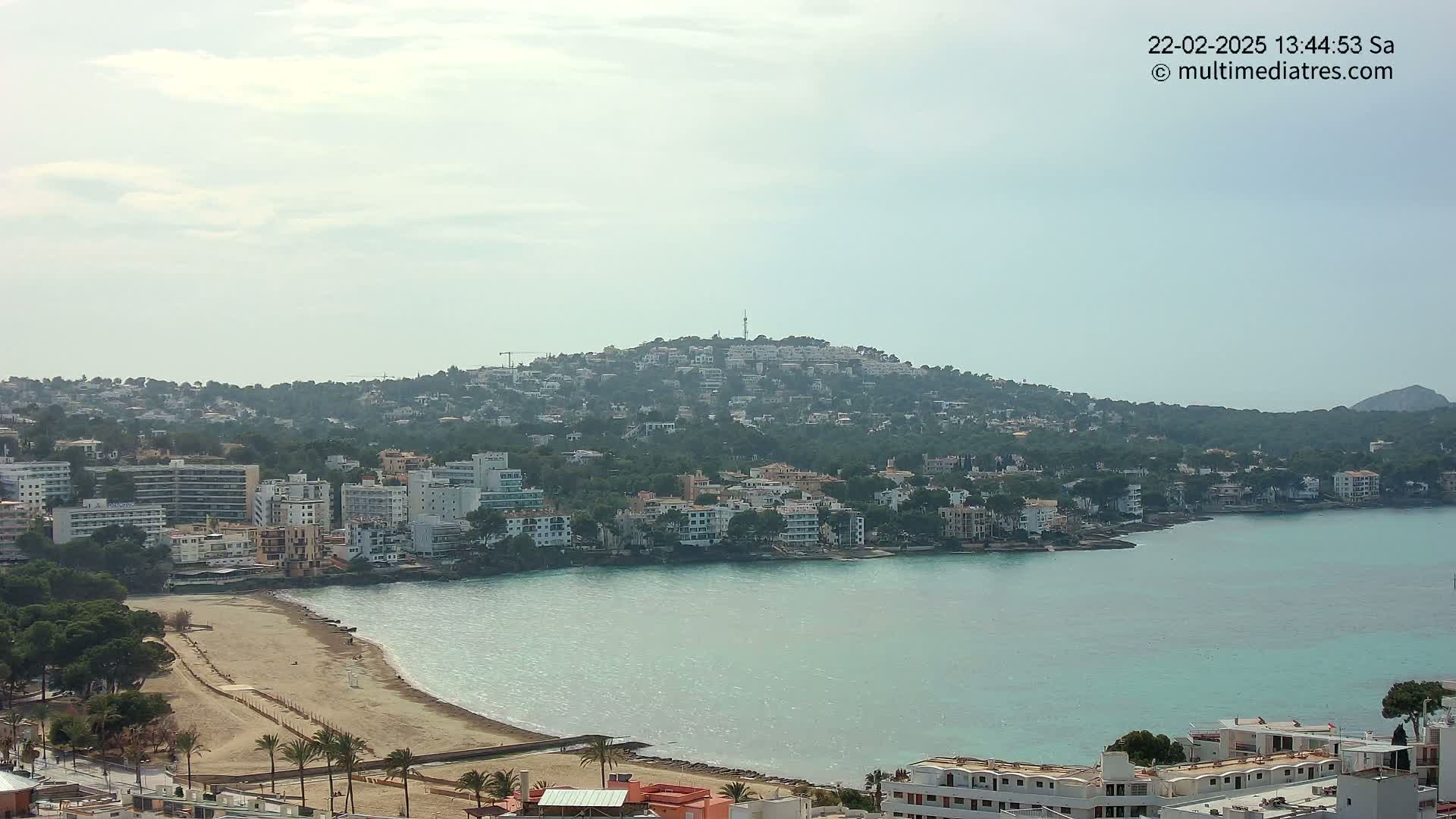 A coastal town with a sandy beach and calm, light-green water sits below a hill densely covered with buildings and trees under a hazy sky.
