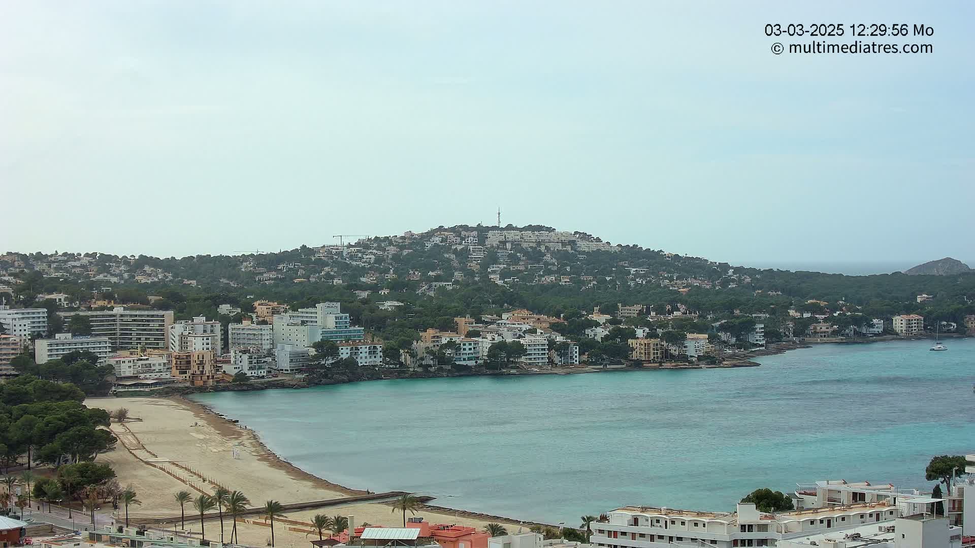 A coastal town with buildings clustered around a bay, on a hill covered in vegetation, under an overcast sky.