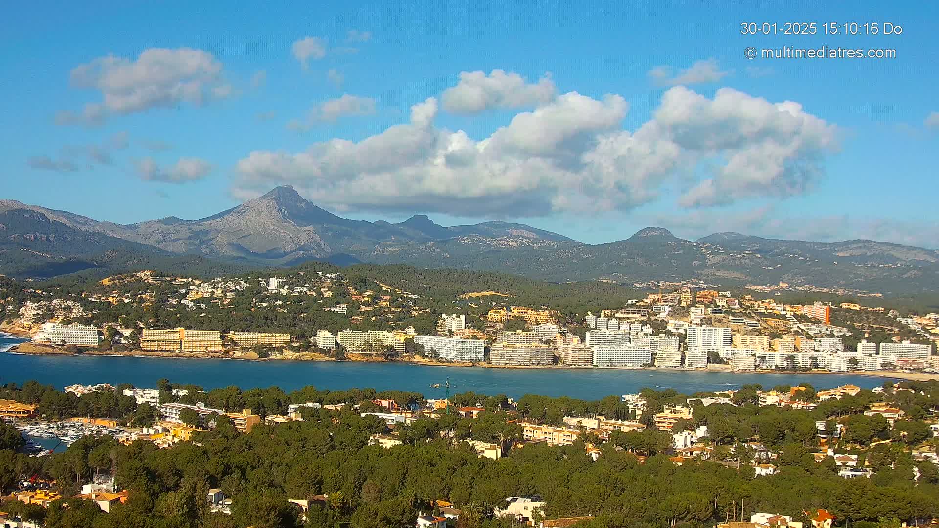 A coastal town nestled amongst pine trees and mountains under a partly cloudy blue sky.