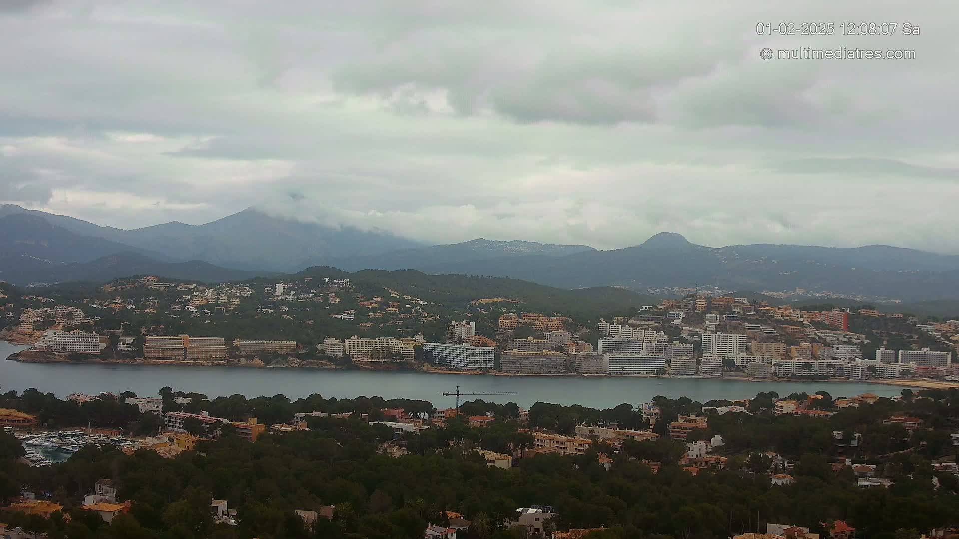 A coastal town nestled between a calm bay and a mountain range under an overcast sky.