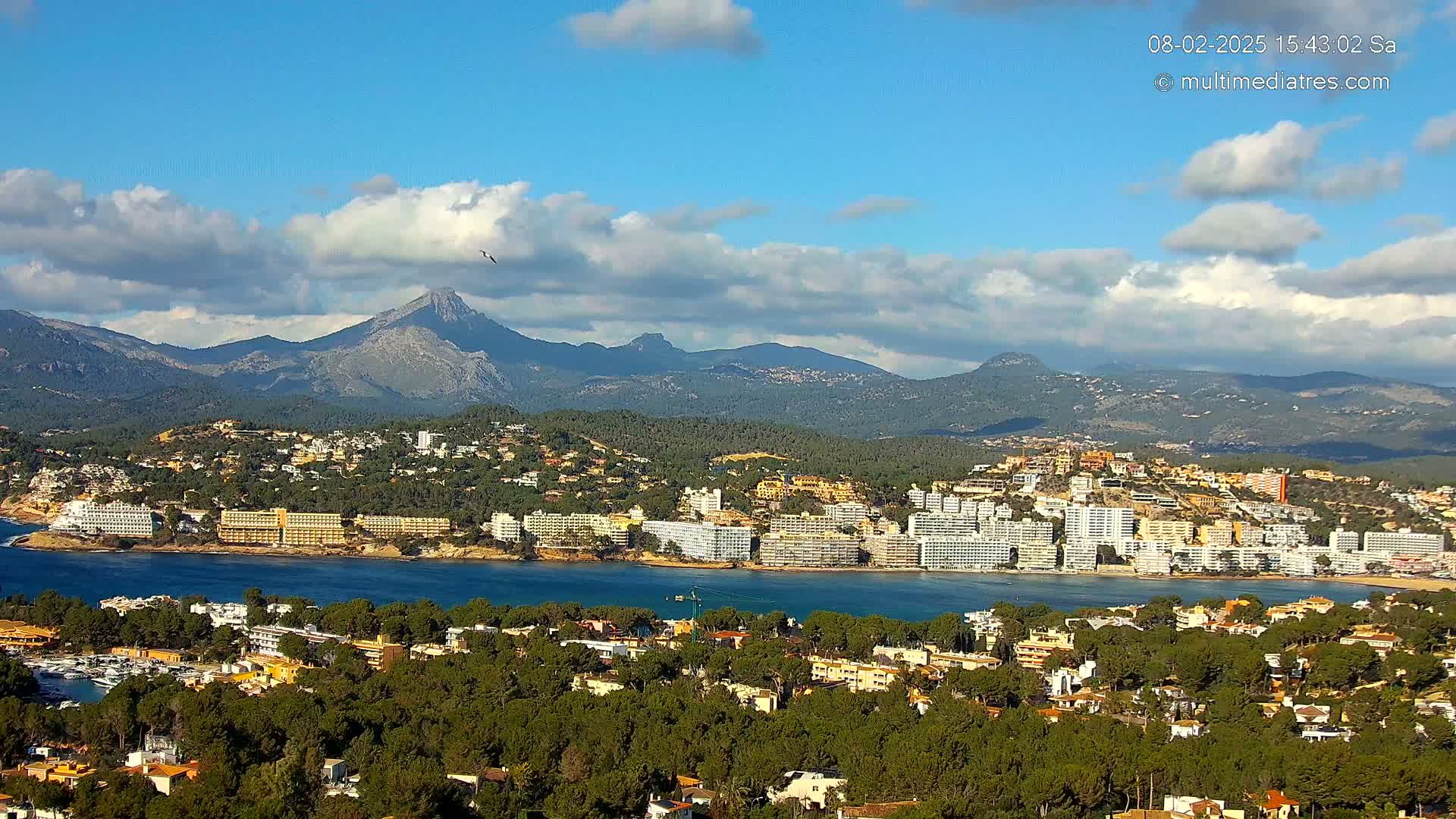A coastal town with numerous hotels and buildings nestled among green trees, overlooks a calm bay and a mountainous landscape under a partly cloudy sky.