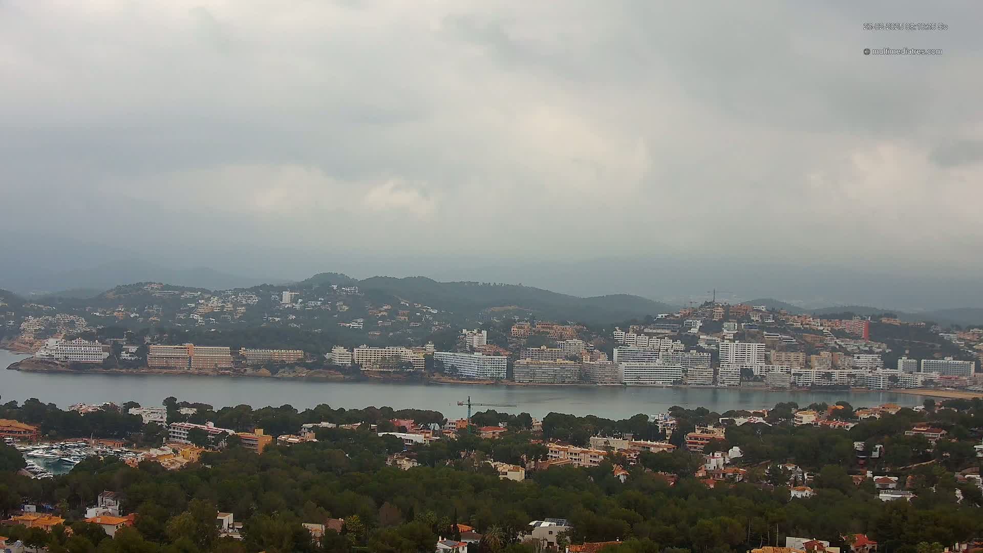A coastal town nestled amongst green hills and a calm bay under an overcast sky.