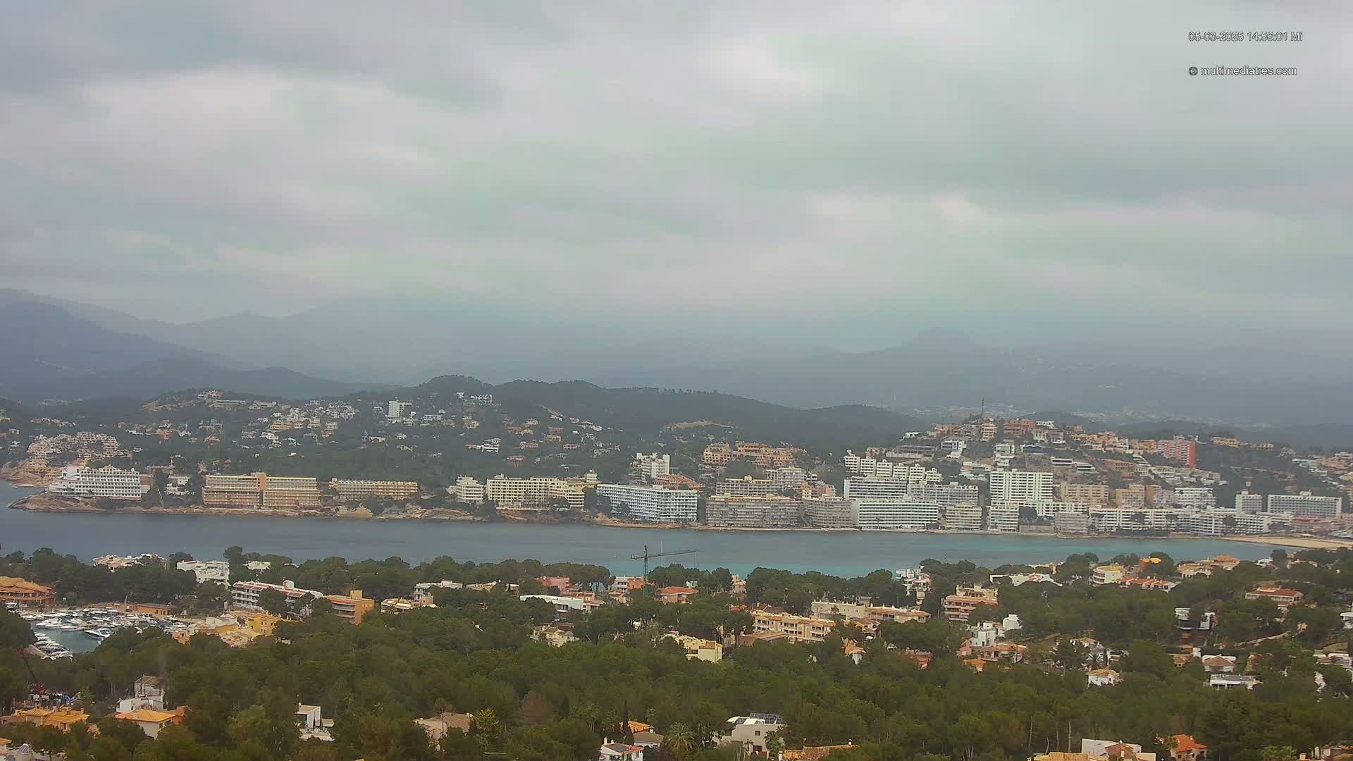 A coastal town nestled amongst green hills and a calm bay under an overcast sky.