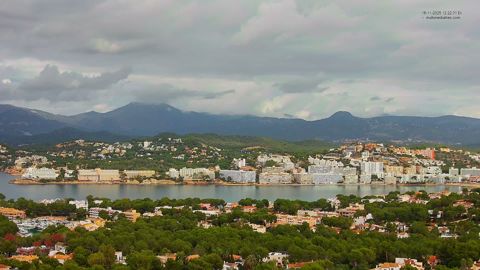 A scenic coastal town featuring densely packed buildings and a marina along a blue bay is framed by tree-covered hills and distant mountains under a partially cloudy sky.