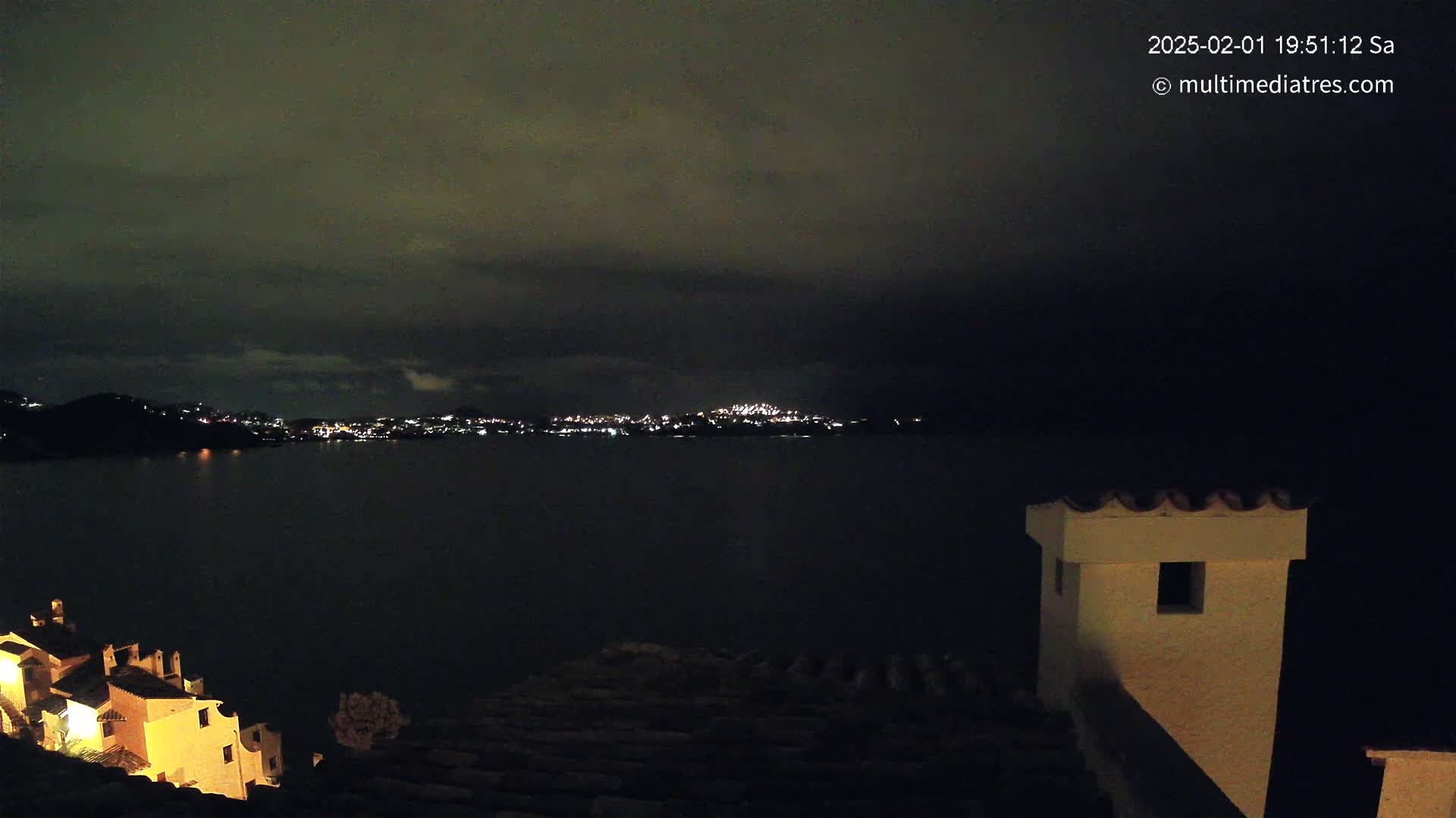A nighttime view of a dark body of water with a distant city skyline illuminated, seen from a rooftop with a chimney under a cloudy sky.