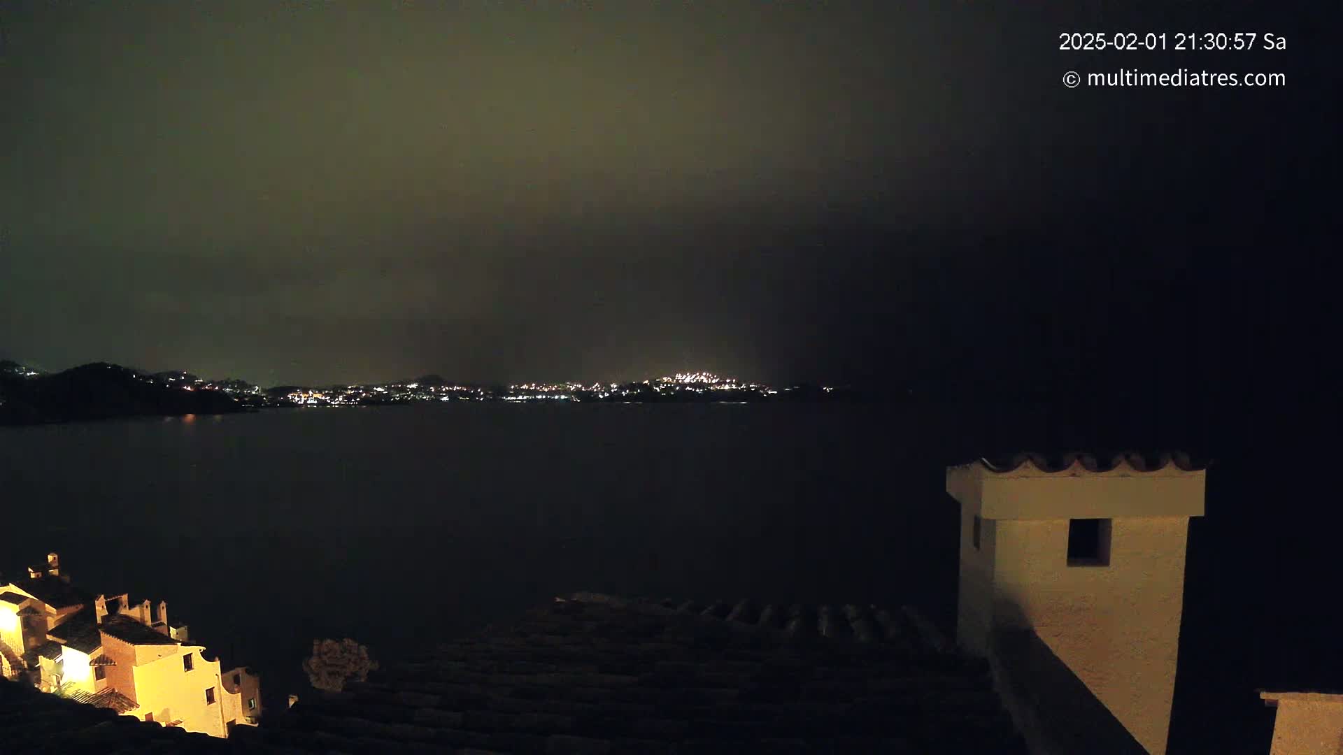 A nighttime view from a rooftop shows a dark body of water with a distant city skyline illuminated by lights under a dark, overcast sky.