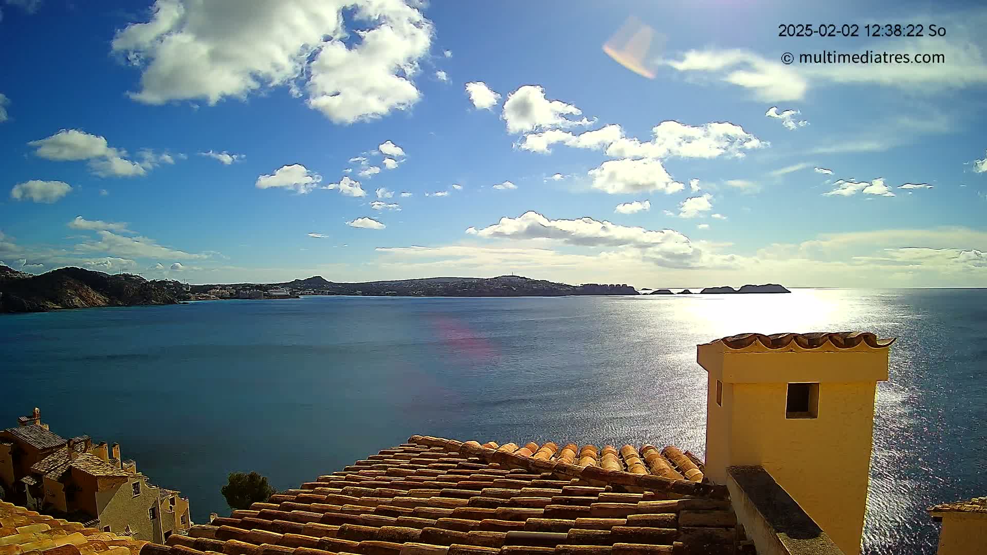 A partly sunny day overlooks a calm sea with distant hills and islands, viewed from a tiled roof with a small building rising from it.