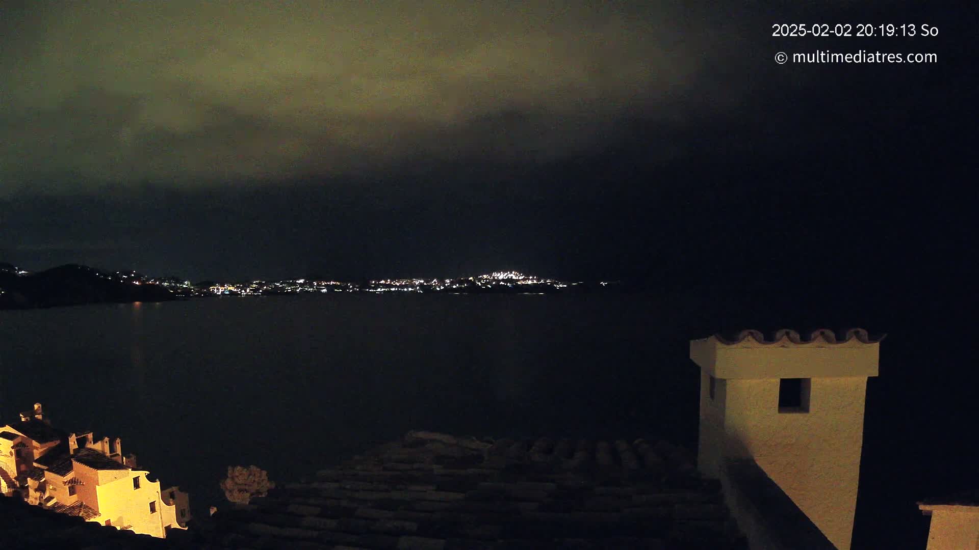 A nighttime view from a rooftop shows a dark body of water reflecting a distant city skyline under a cloudy sky.