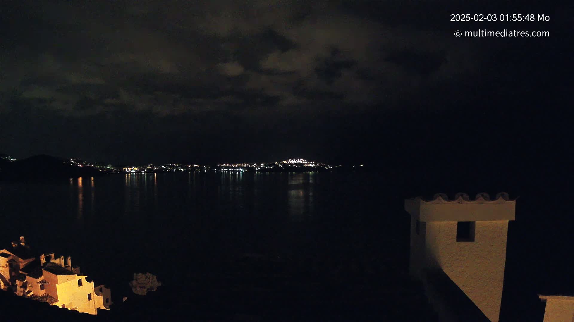 A nighttime view across a calm body of water shows a distant city skyline illuminated with lights under a cloudy sky.