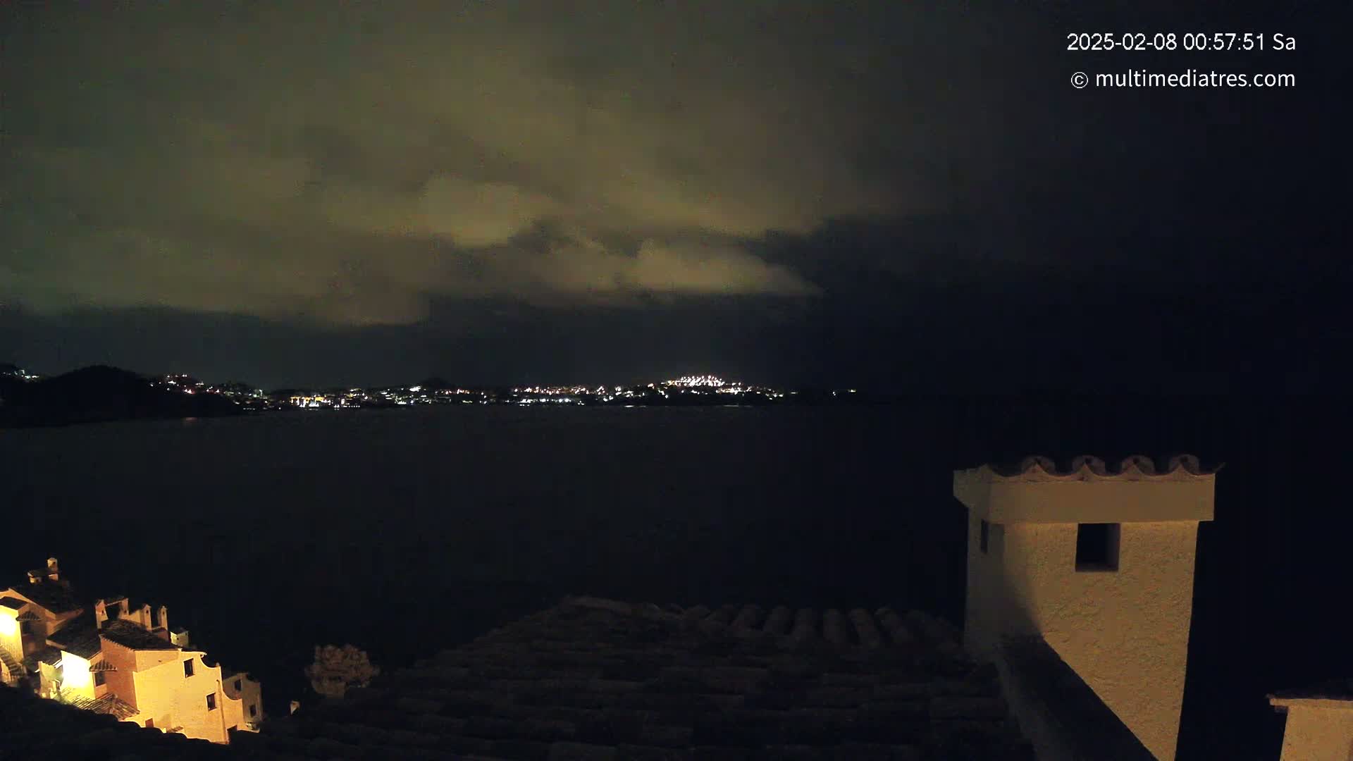 A nighttime view from a rooftop shows a dark body of water with a distant city's lights under a cloudy sky.