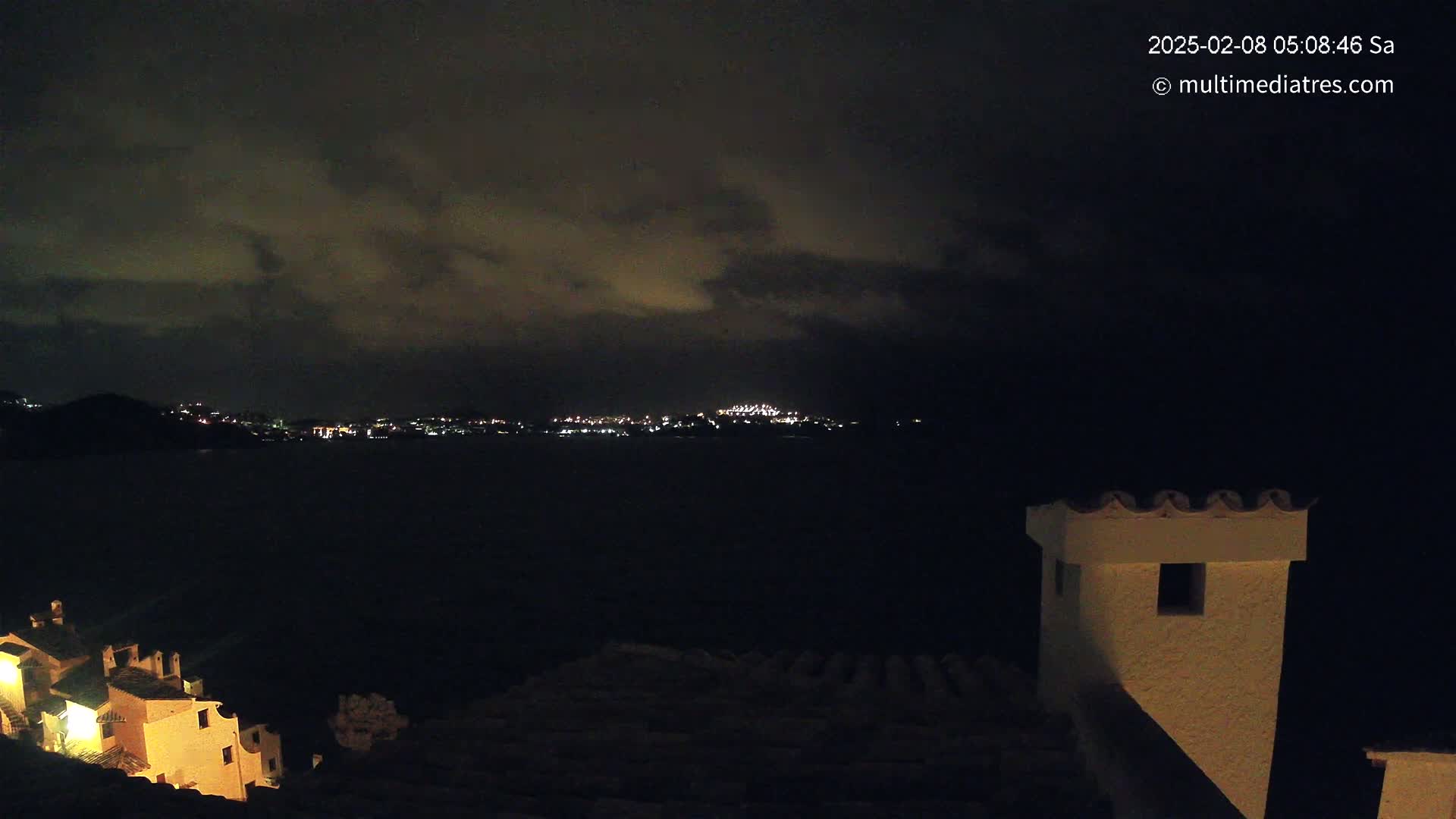 A nighttime view of a dark body of water with a distant, faintly lit city across it, under a cloudy sky, partially visible from a rooftop with a white chimney.