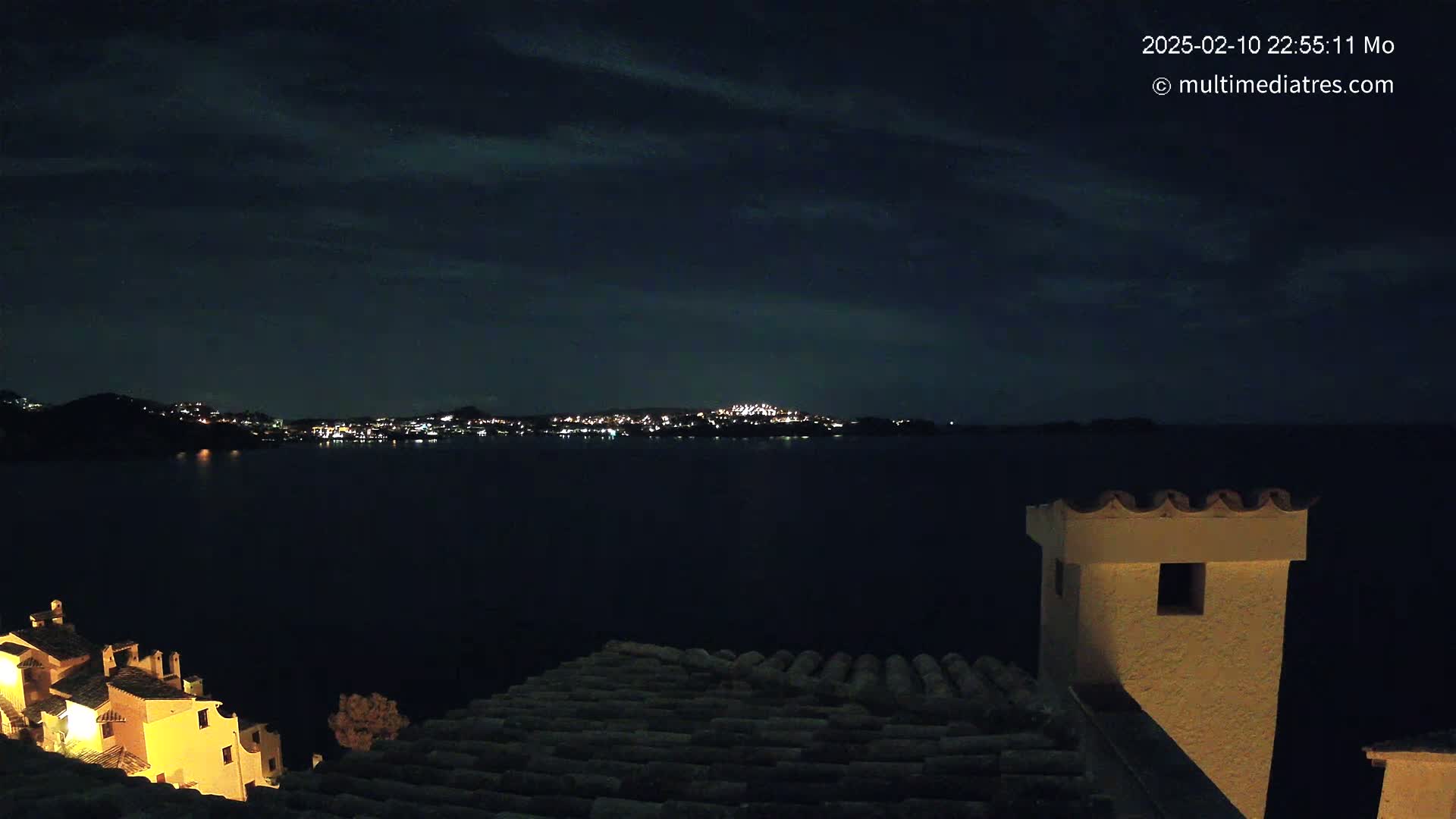A nighttime view of a city across a dark body of water, seen from a rooftop with a partially lit building in the foreground under a partly cloudy sky.