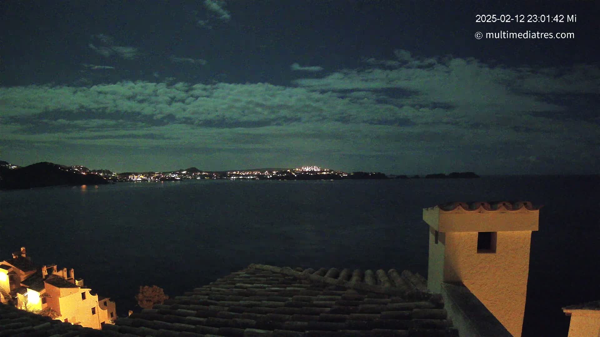 A nighttime view from a rooftop shows a dark body of water with a city skyline faintly lit in the distance under a cloudy sky.