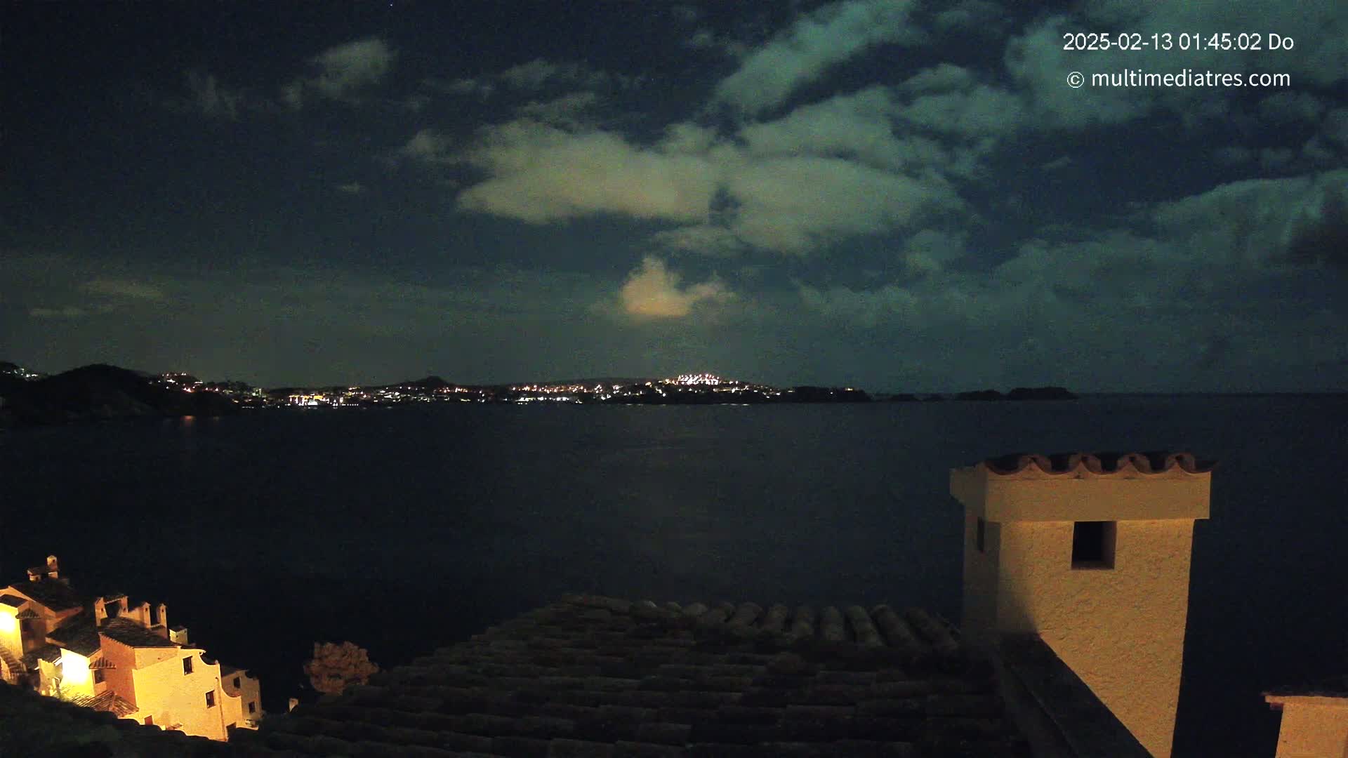 A nighttime view from a rooftop shows a calm dark body of water with a distant city skyline illuminated under a cloudy sky.