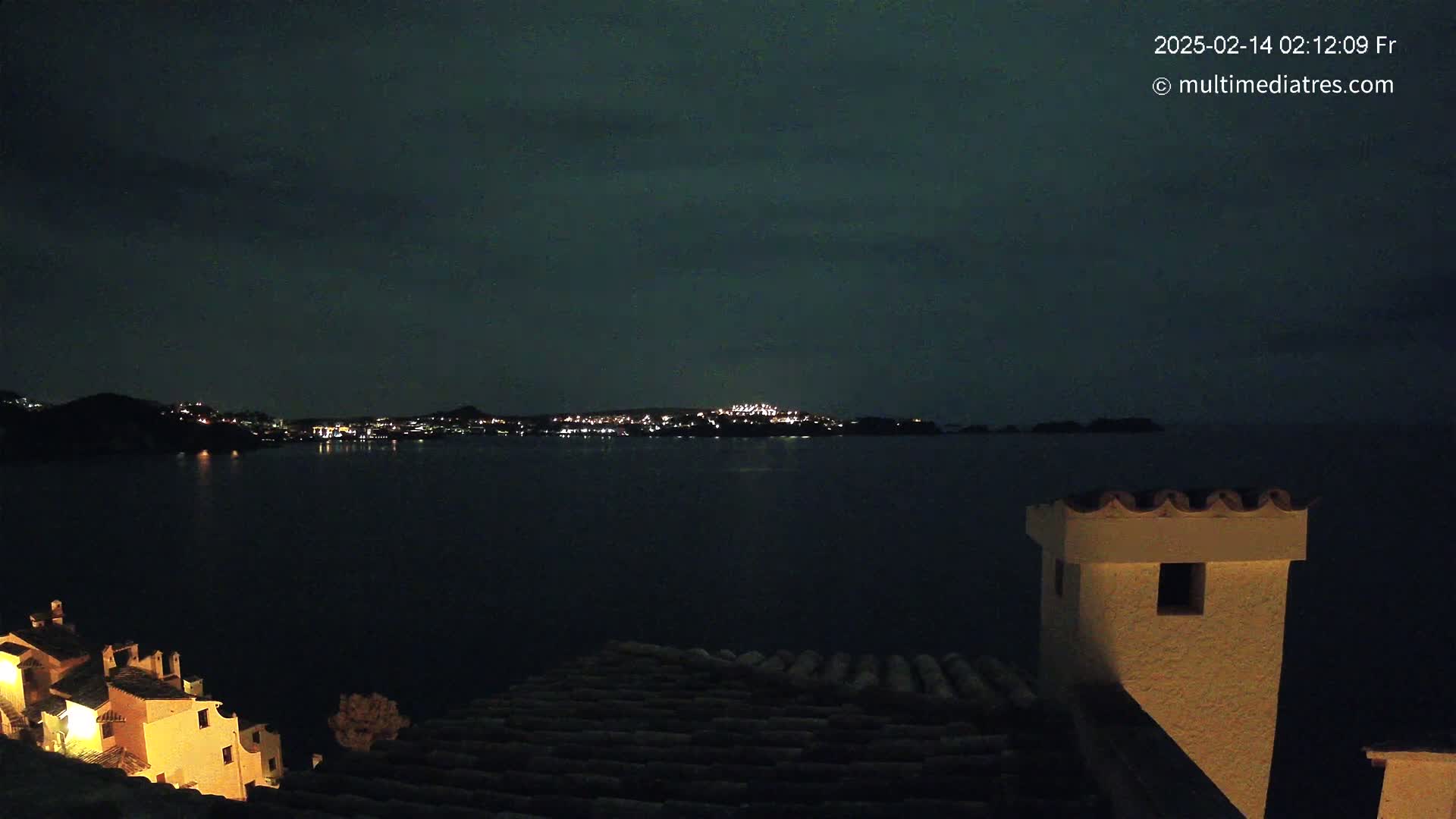 A nighttime view from a rooftop shows a dark body of water with a dimly lit town across it under a dark, cloudy sky.