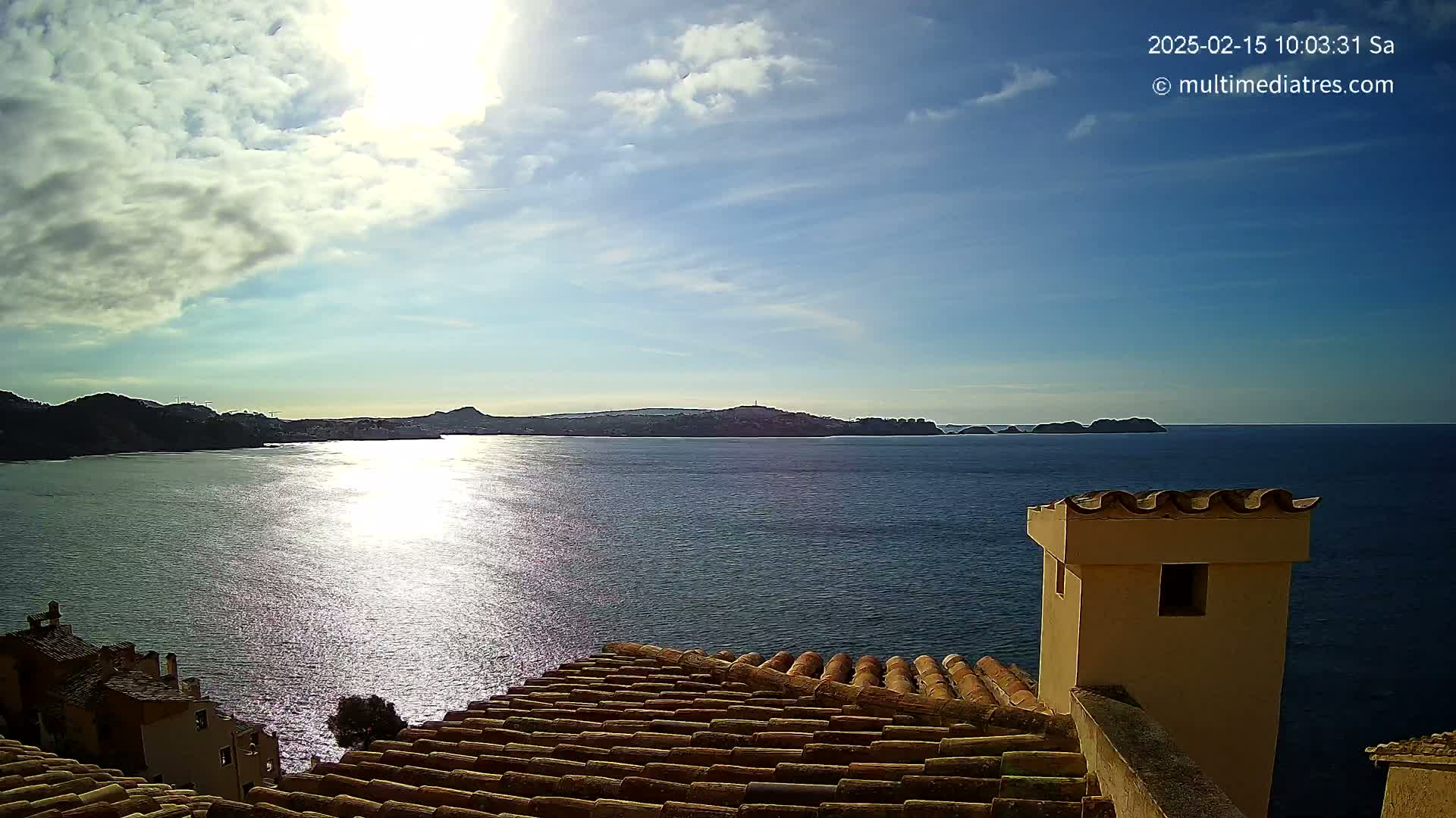 A partly sunny day overlooks a calm sea with distant hills and islands, viewed from a rooftop with terracotta tiles and a low chimney.