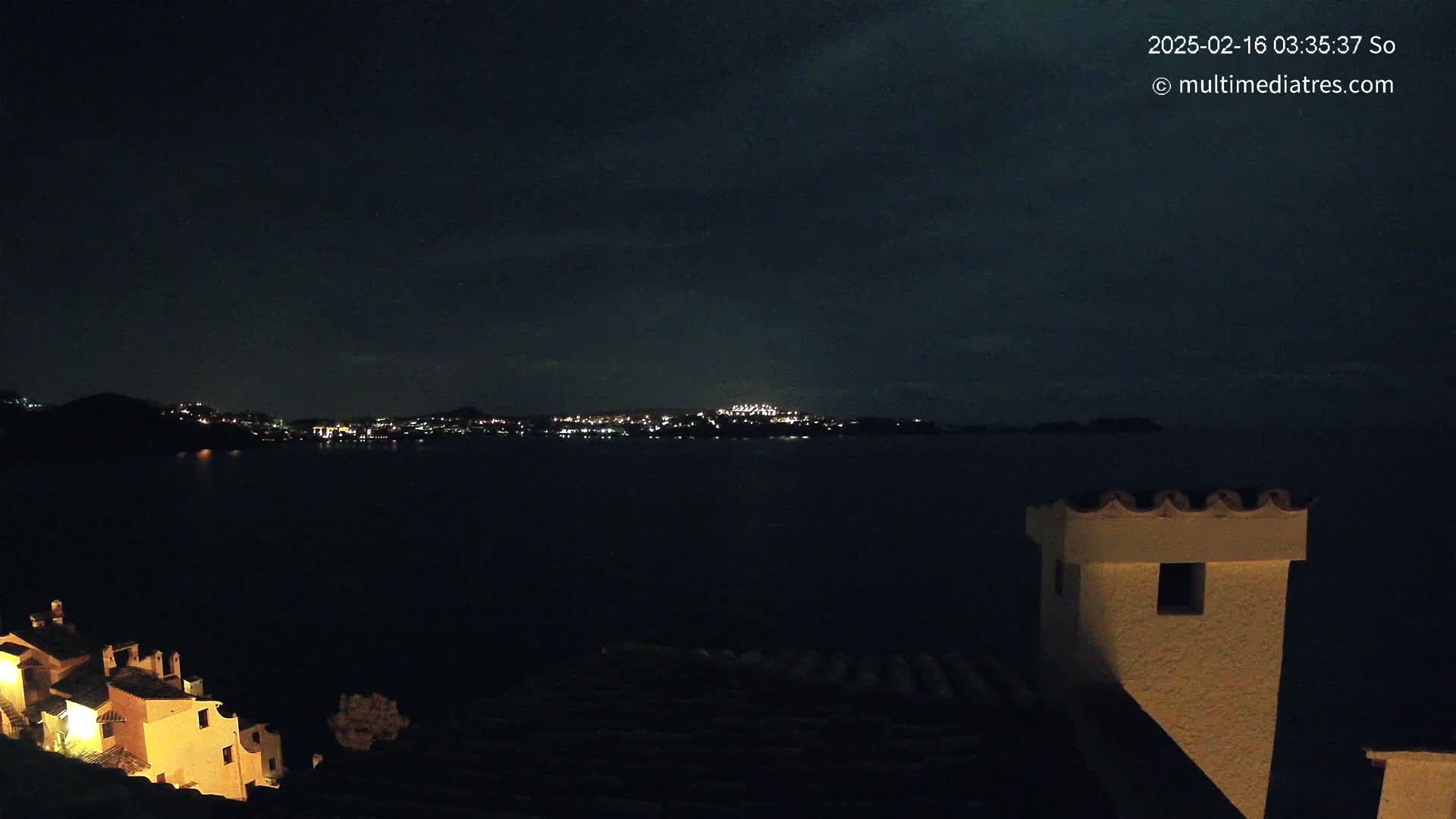 A nighttime view across a dark body of water toward a distant, illuminated city under a mostly clear, dark sky.