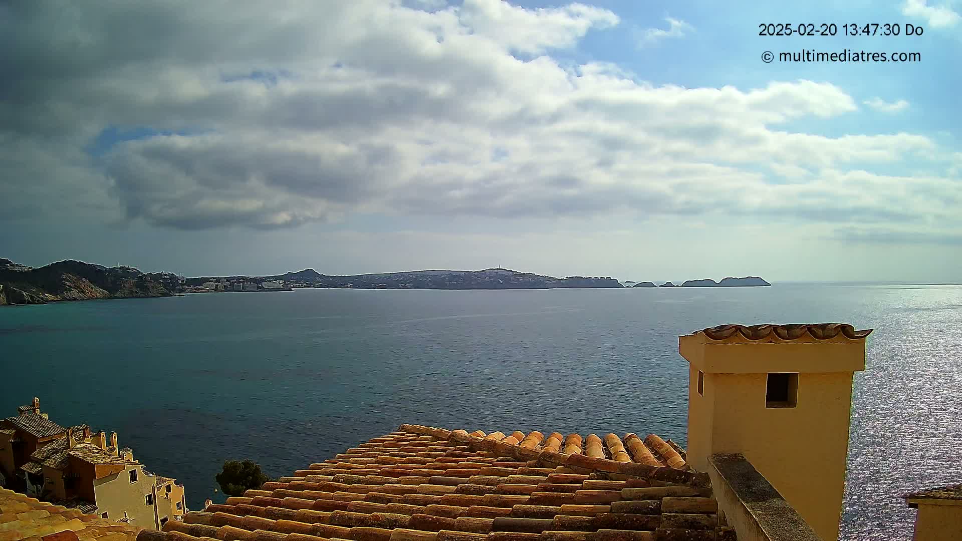 A partly cloudy day reveals a coastal view of a calm sea with distant landmasses, seen from a tiled rooftop with a small, light-colored structure.