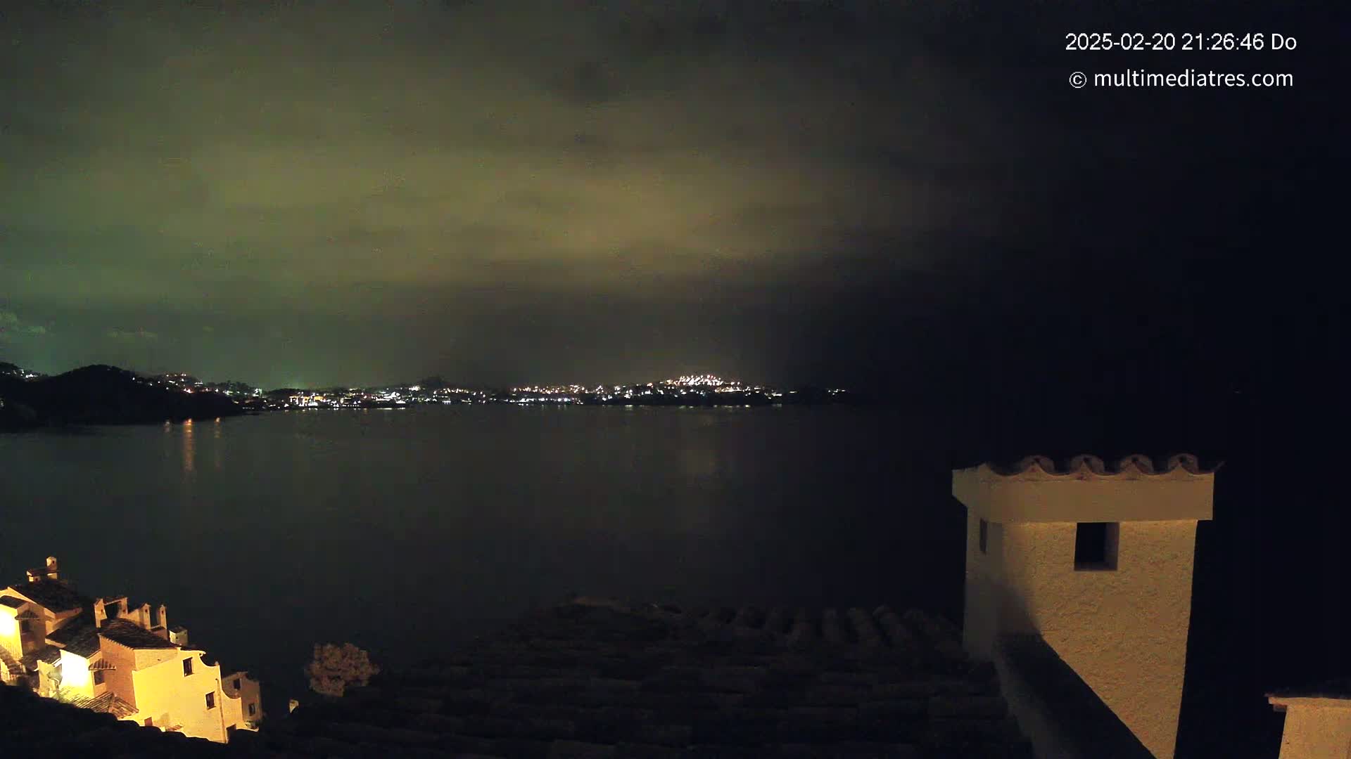 A nighttime view of a calm body of water reflecting a distant city skyline under a cloudy sky.
