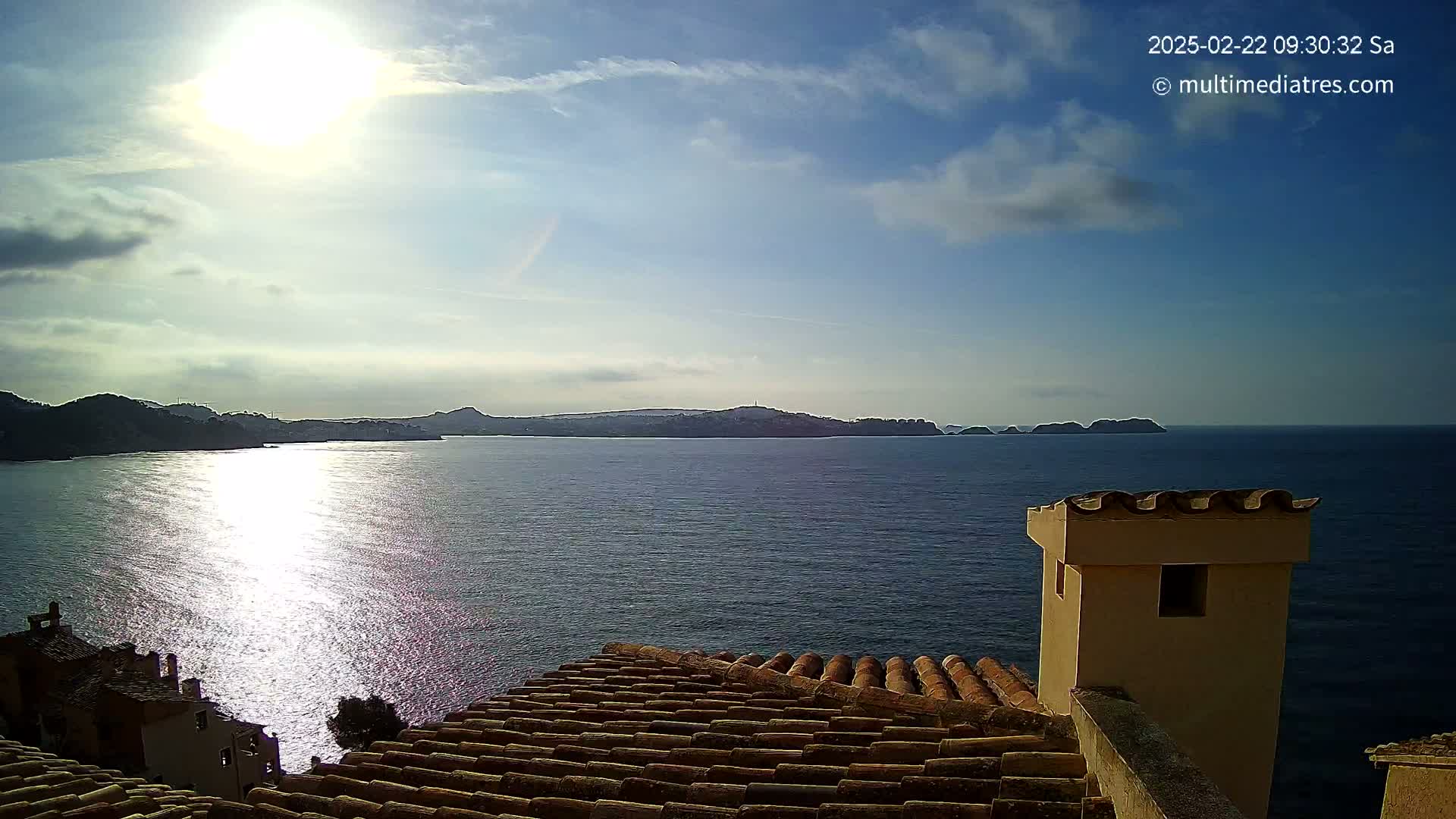 A sunlit, partly cloudy day overlooks a calm sea with distant islands and a section of a tiled roof with a chimney in the foreground.