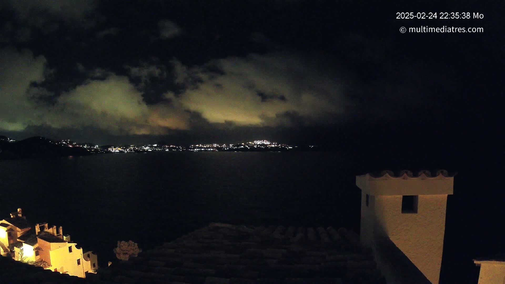 A nighttime view of a city across a dark body of water, under a cloudy sky, seen from a vantage point above a building with a visible chimney.