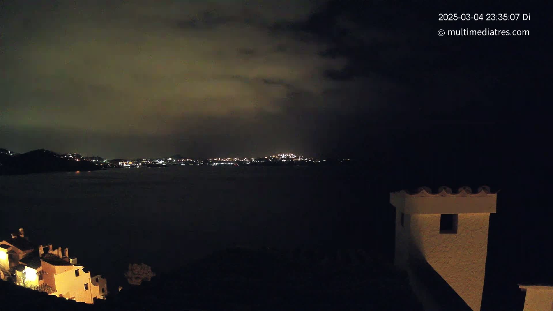 A nighttime view of a dark body of water with a distant, dimly lit city skyline under a cloudy sky, partially obscuring a building in the foreground.