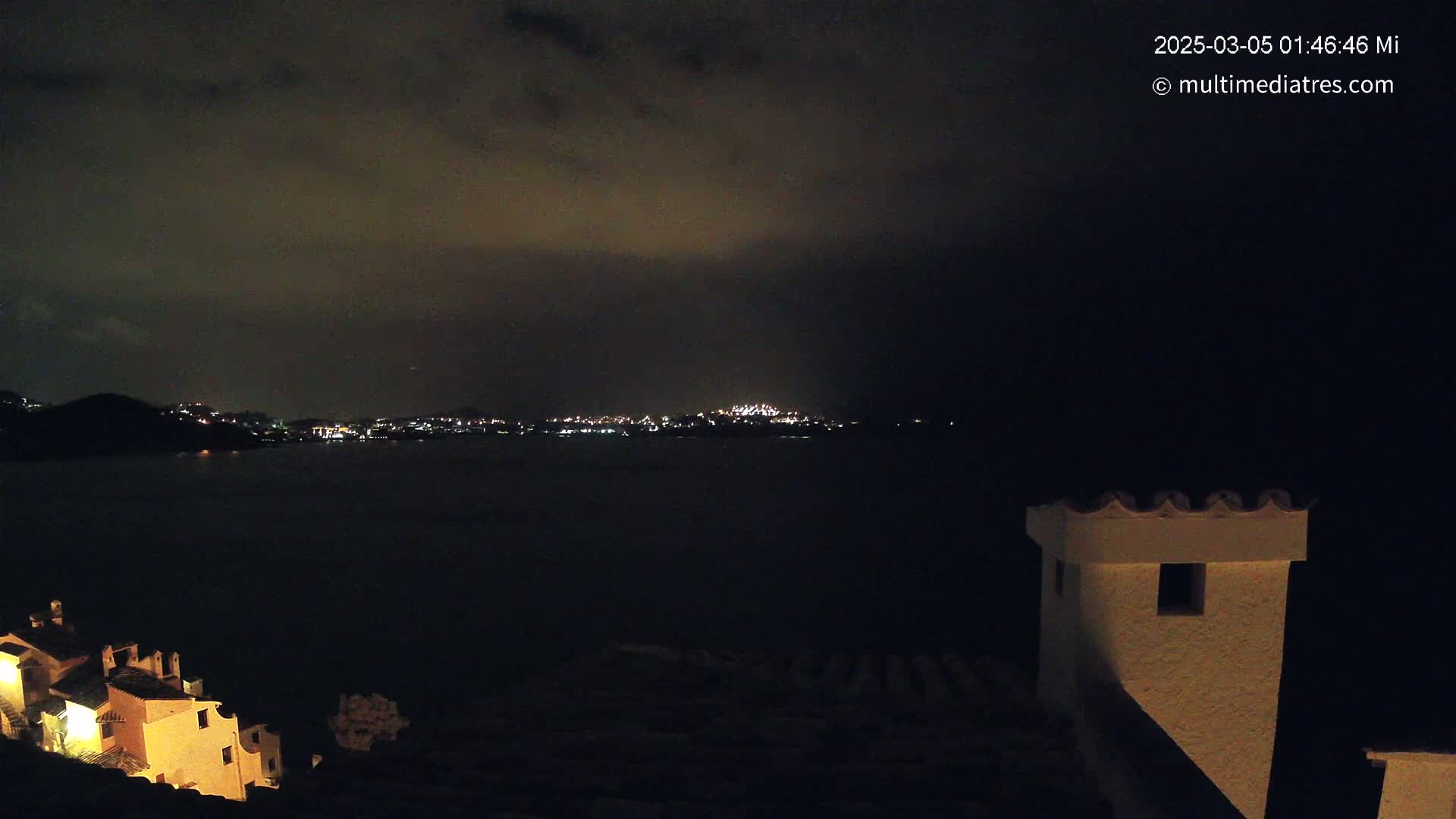 A nighttime view of a dark body of water with a distant city skyline illuminated by lights under a cloudy sky, partially obscured by a building in the foreground.