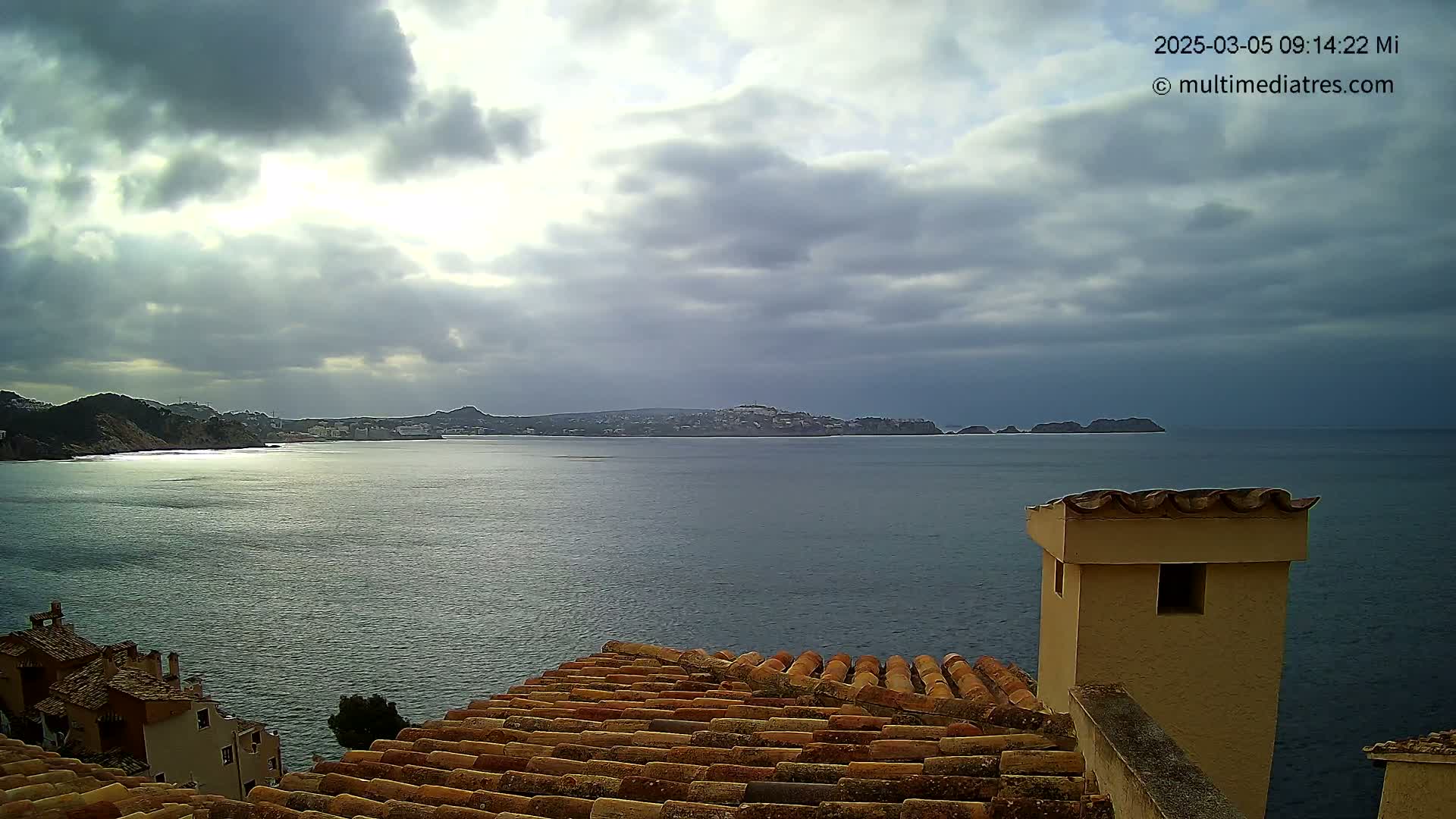 A coastal view under a cloudy sky shows a calm sea with a distant landmass, seen from a tiled rooftop with a chimney.