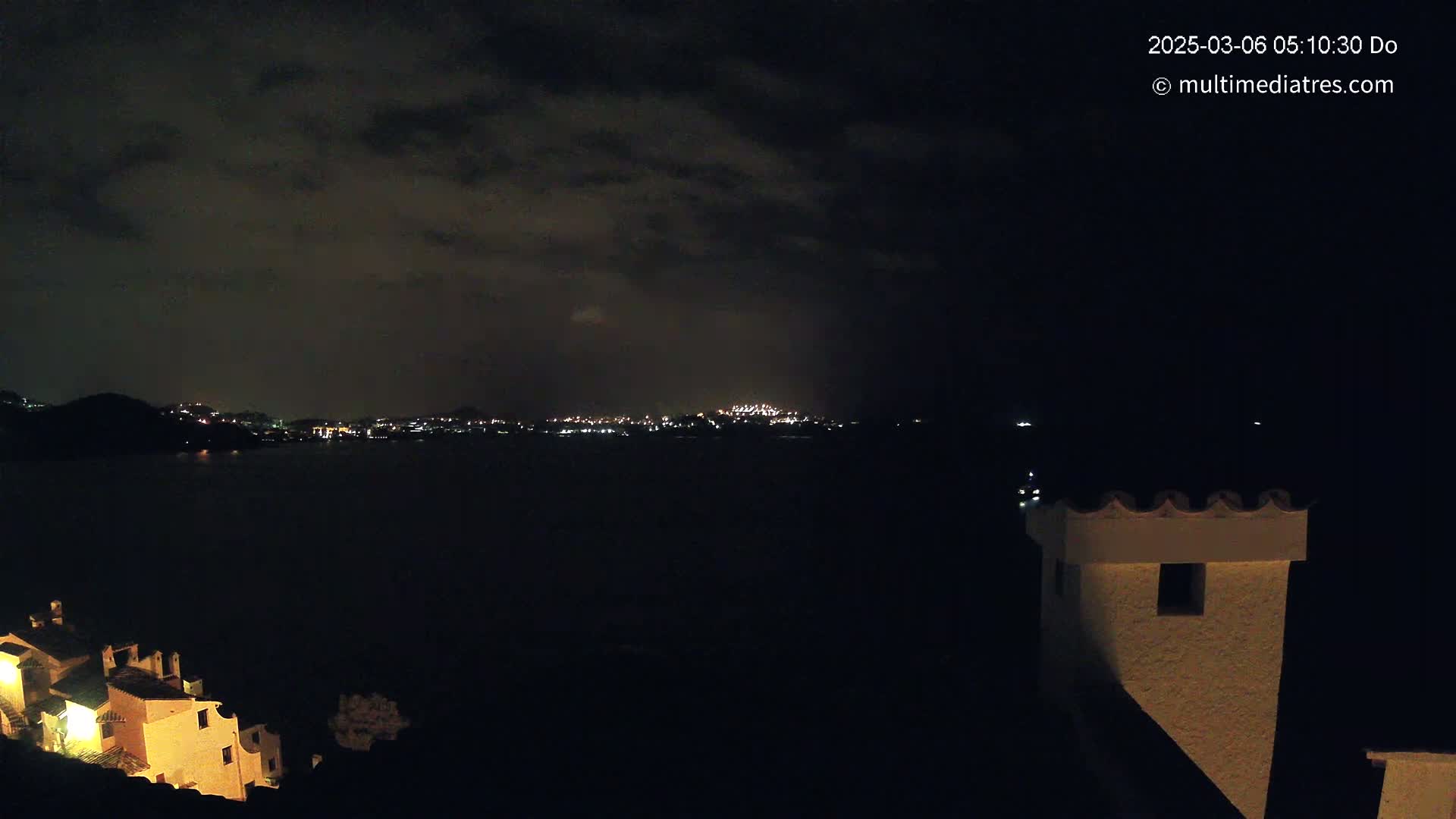 A nighttime view of a dark body of water with a city's lights visible across it, under a cloudy sky, with a building in the foreground.