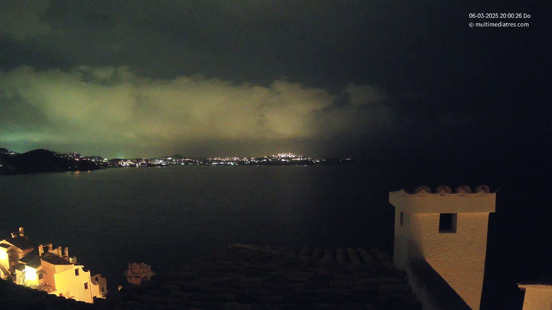 A nighttime view of a city across a dark body of water, under a clouded sky.