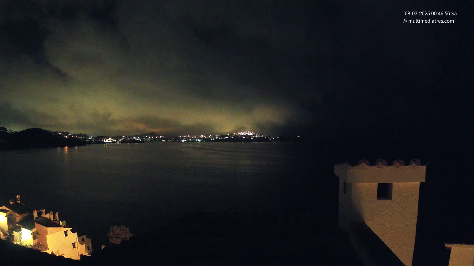 A nighttime view of a calm body of water, with a city's lights visible across the water under a cloudy sky.