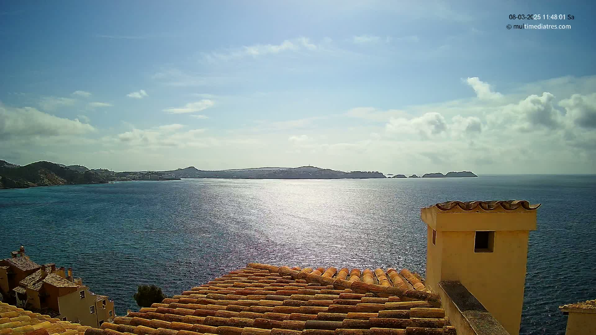 A tiled roof overlooks a calm sea under a partly cloudy sky, with distant islands visible on the horizon.