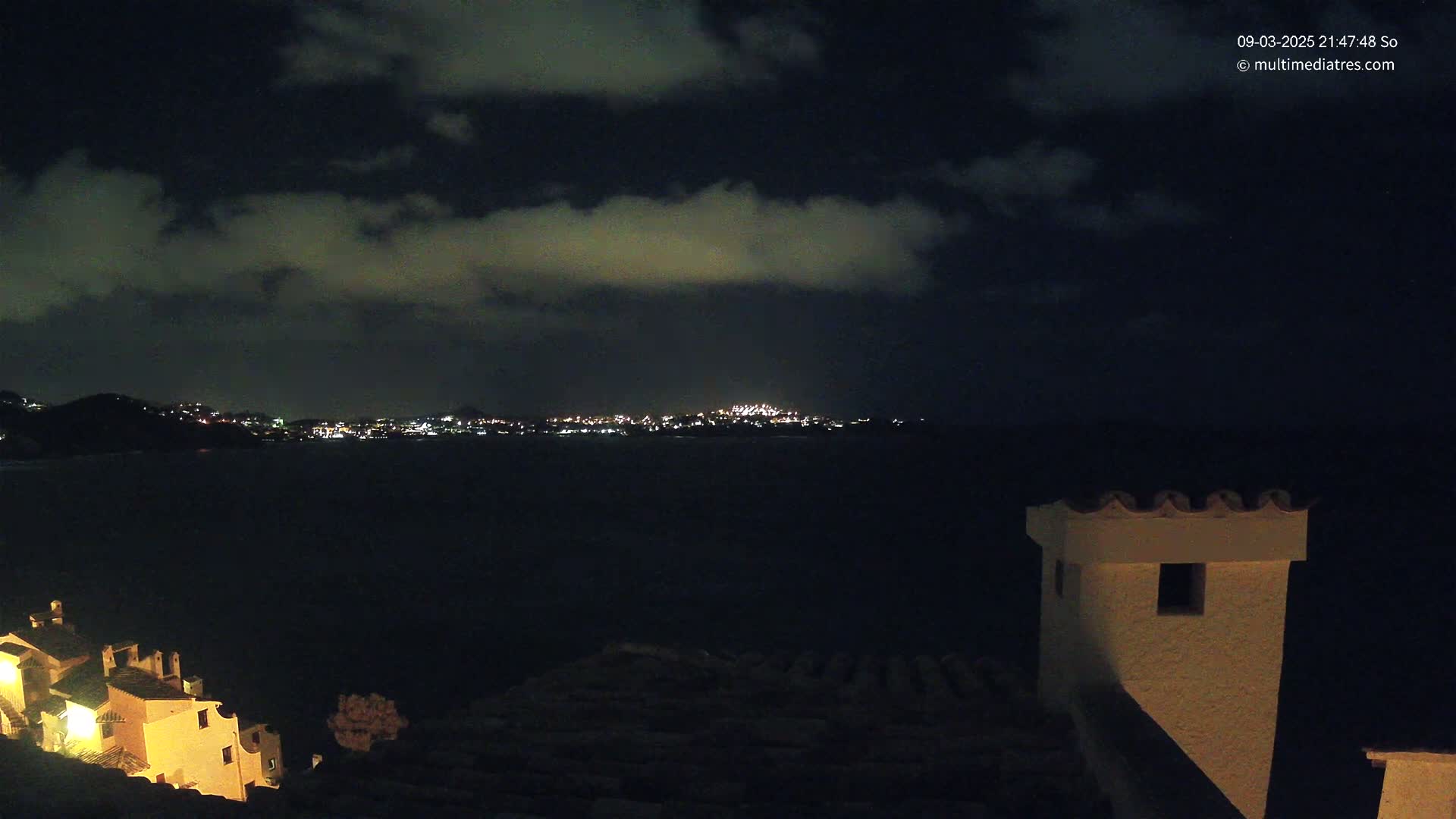 A nighttime view of a city skyline across a dark body of water, under a cloudy sky, with a portion of a building in the foreground.