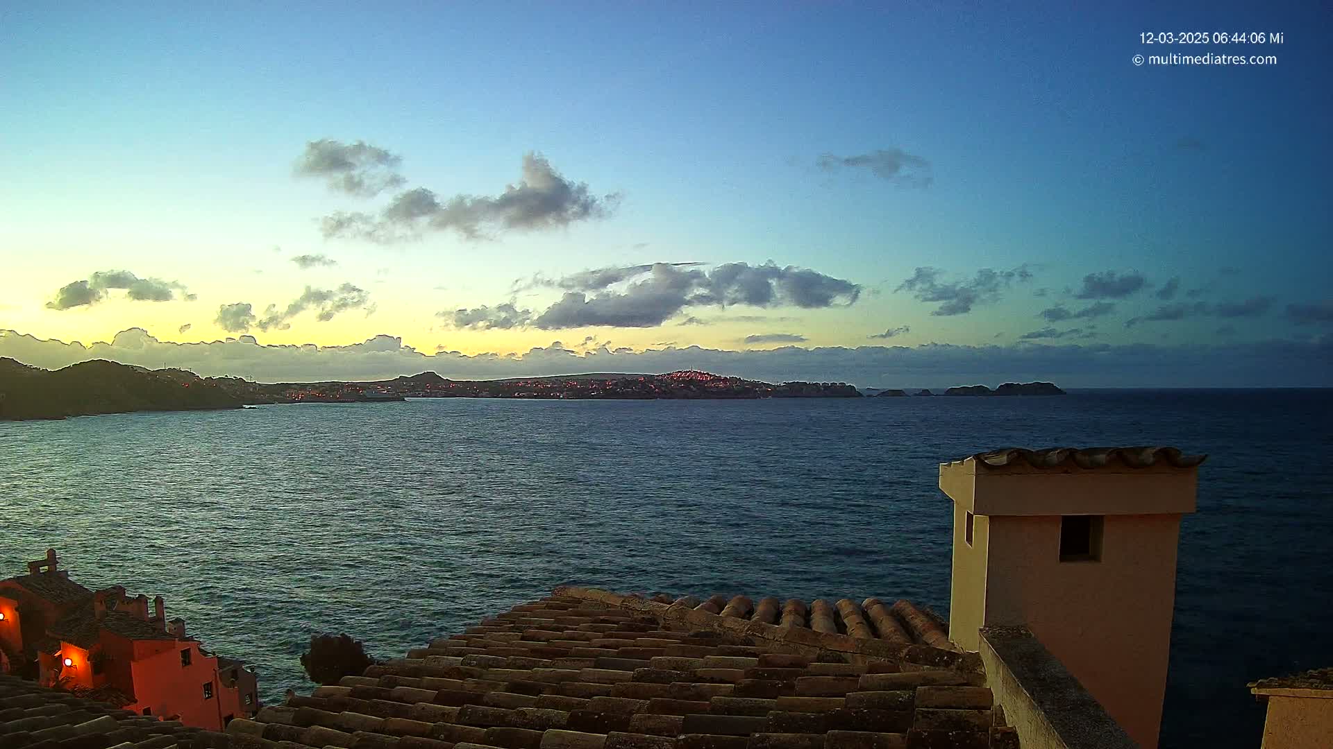 A twilight view from a rooftop shows a calm sea with a distant town nestled among hills under a partly cloudy sky.