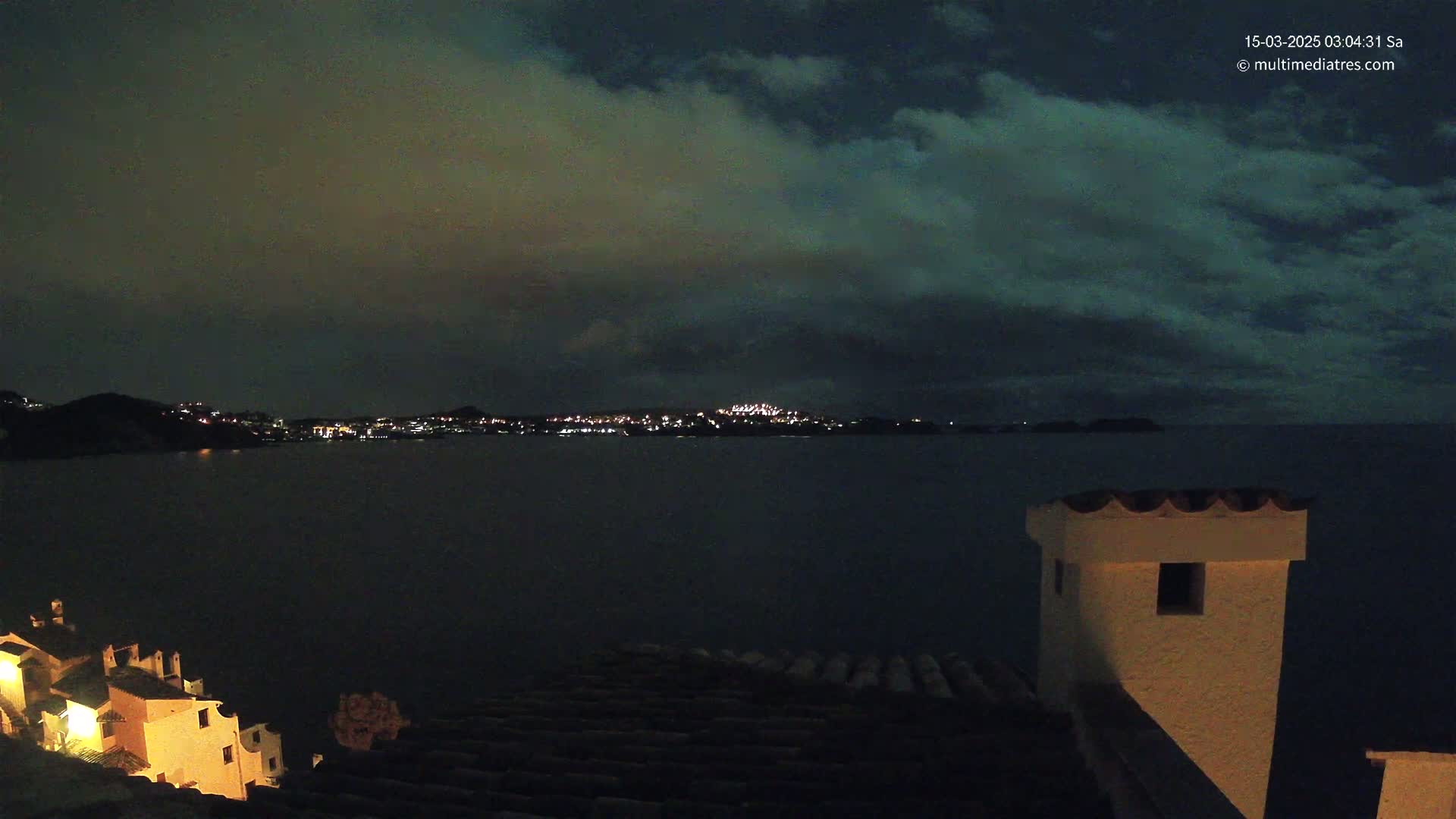 A nighttime view of a town's lights across a dark body of water, under a cloudy sky.