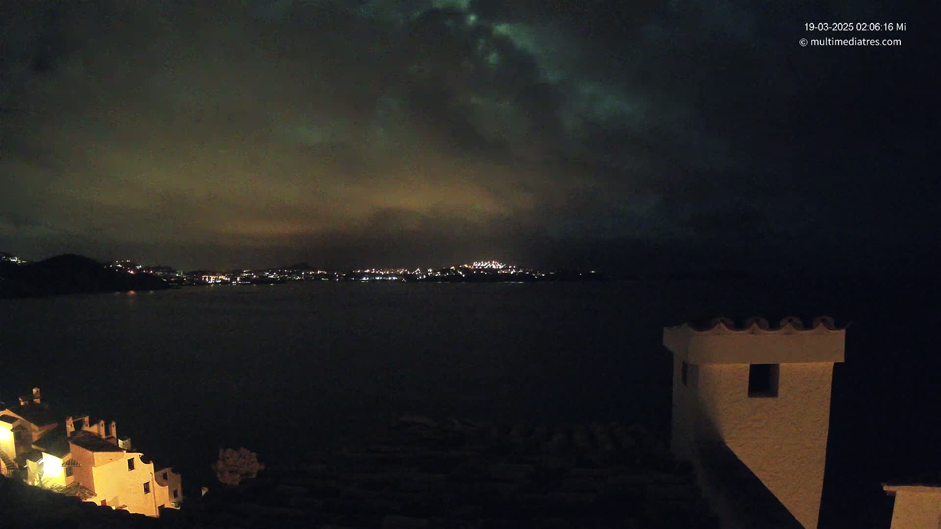 A nighttime view of a dark body of water with a distant city skyline illuminated by lights under a cloudy sky.