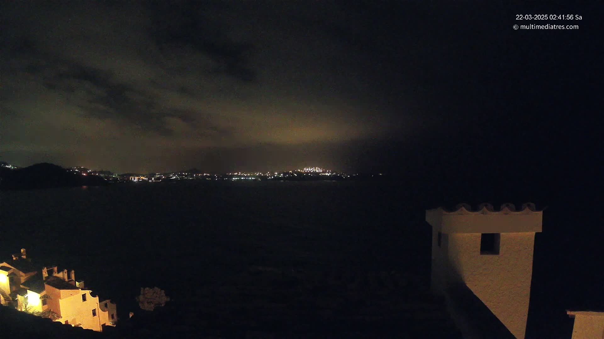 A nighttime view of a dark body of water with a city skyline faintly visible on the horizon under a cloudy sky, partially illuminated buildings are visible in the bottom-left corner of the image.