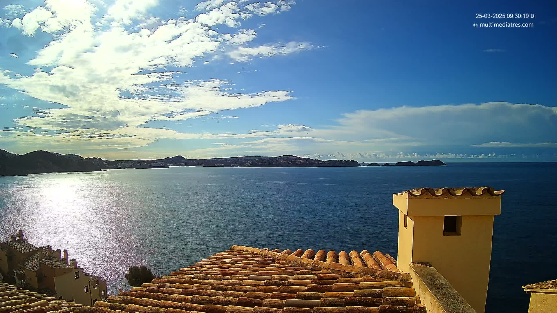 A partly cloudy sunny day overlooks a calm blue sea from a terracotta roof with a pale yellow chimney.