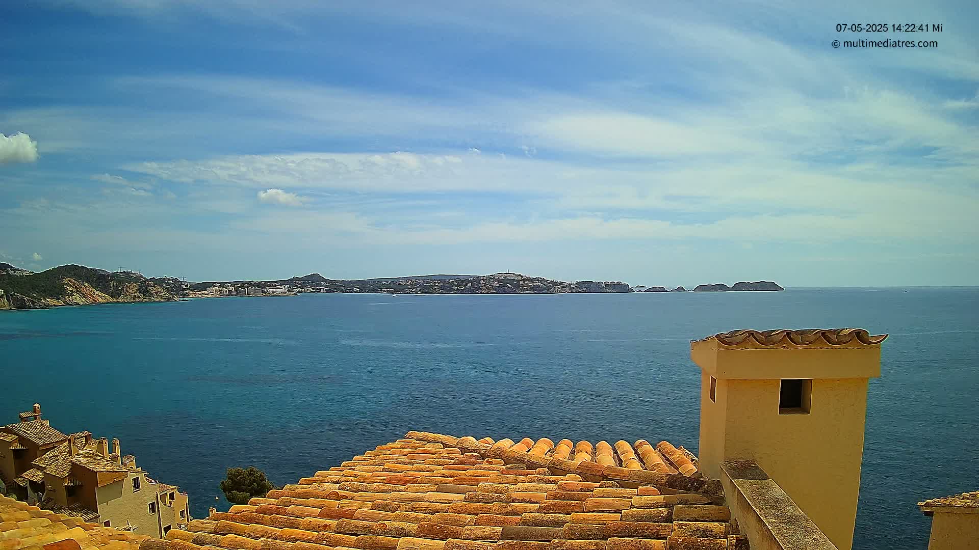 A partly cloudy blue sky overlooks a calm blue sea, with a distant shoreline and buildings visible, from a vantage point on a terracotta roof with a light-colored chimney.