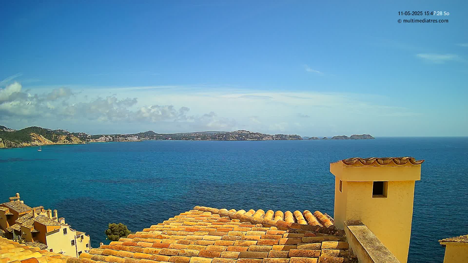 A partly cloudy blue sky overlooks a calm blue sea, with a distant coastline and a portion of a tiled roof and chimney in the foreground.