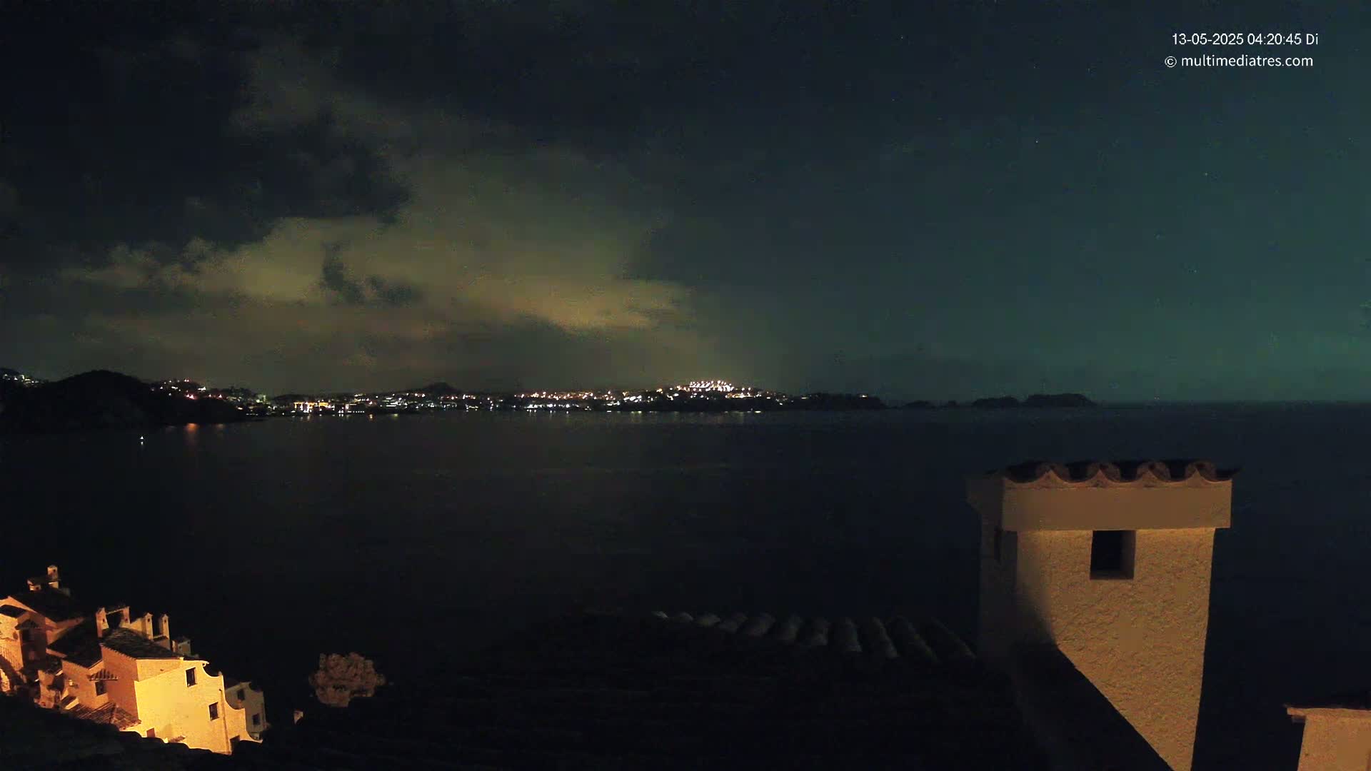 A nighttime view of a city skyline across a dark body of water, under a cloudy sky, partially illuminated by the city lights.