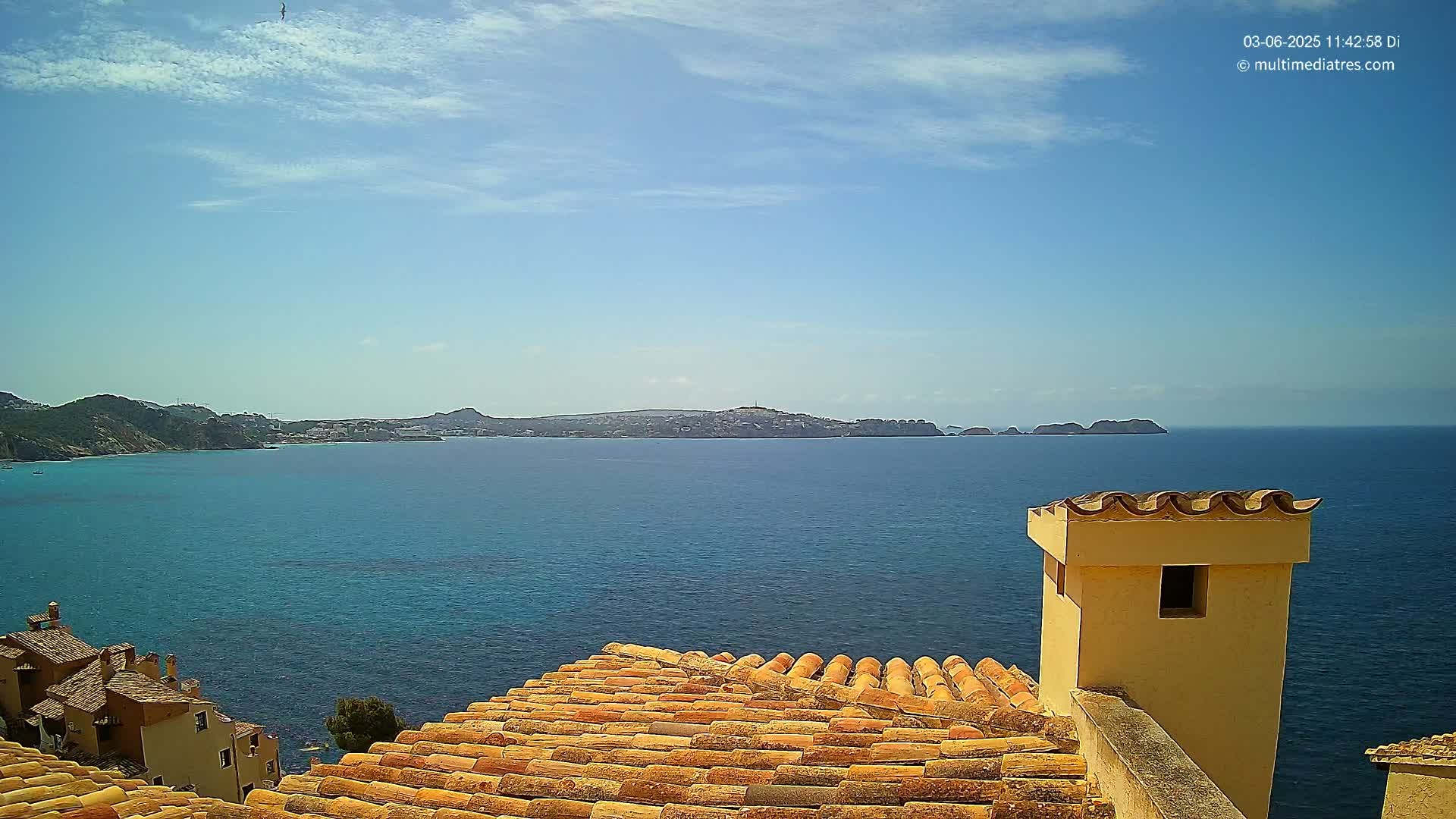 A tiled roof overlooks a calm blue sea and distant coastline under a mostly sunny sky.