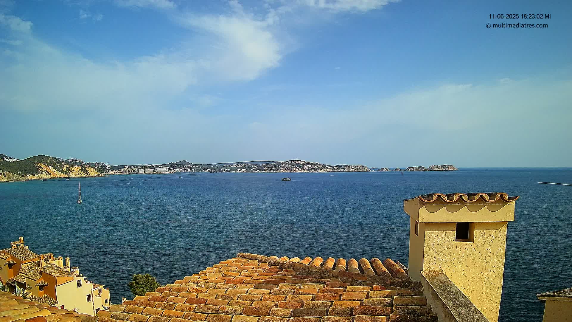 A partly cloudy blue sky overlooks a calm blue sea, with a distant coastline and buildings visible, seen from a vantage point featuring a terracotta roof and a light-yellow chimney.