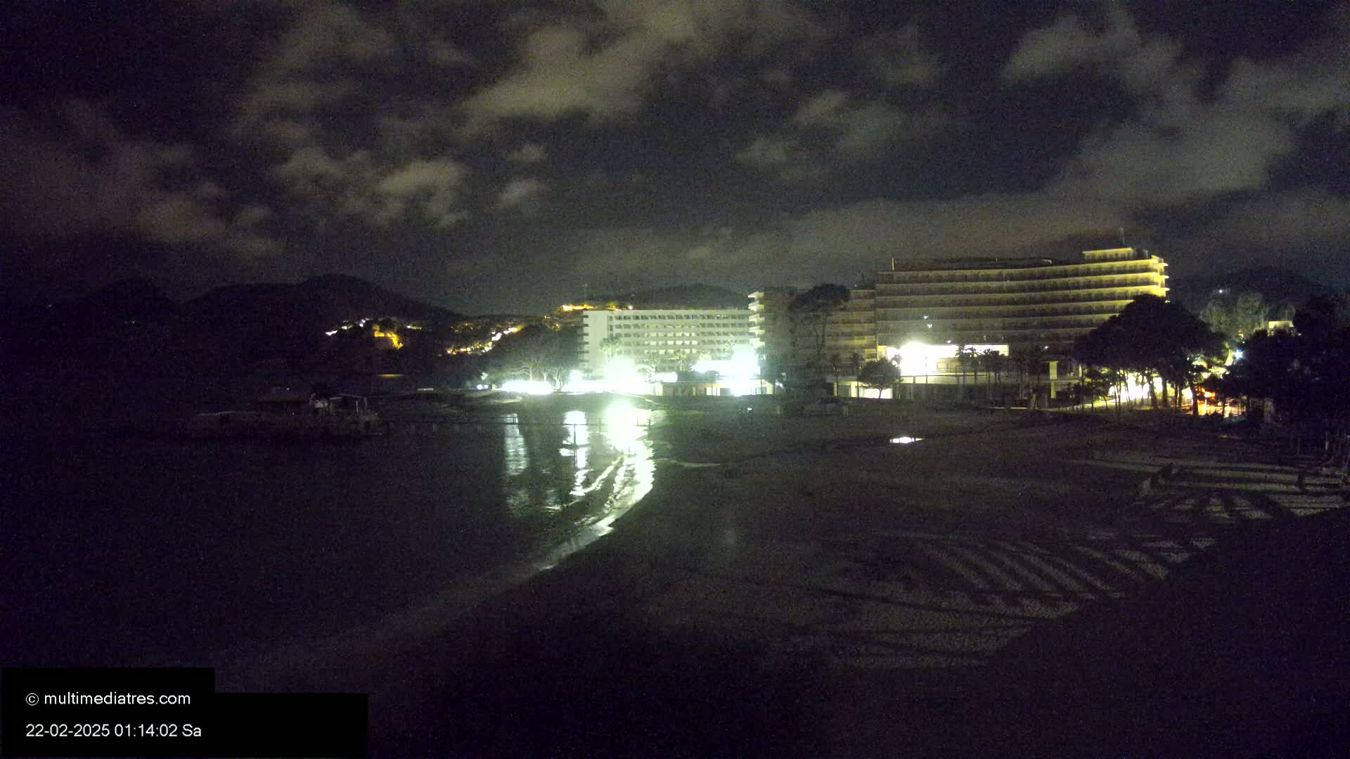 Under a cloudy night sky, illuminated hotels and trees are situated near a dark beach and calm body of water.
